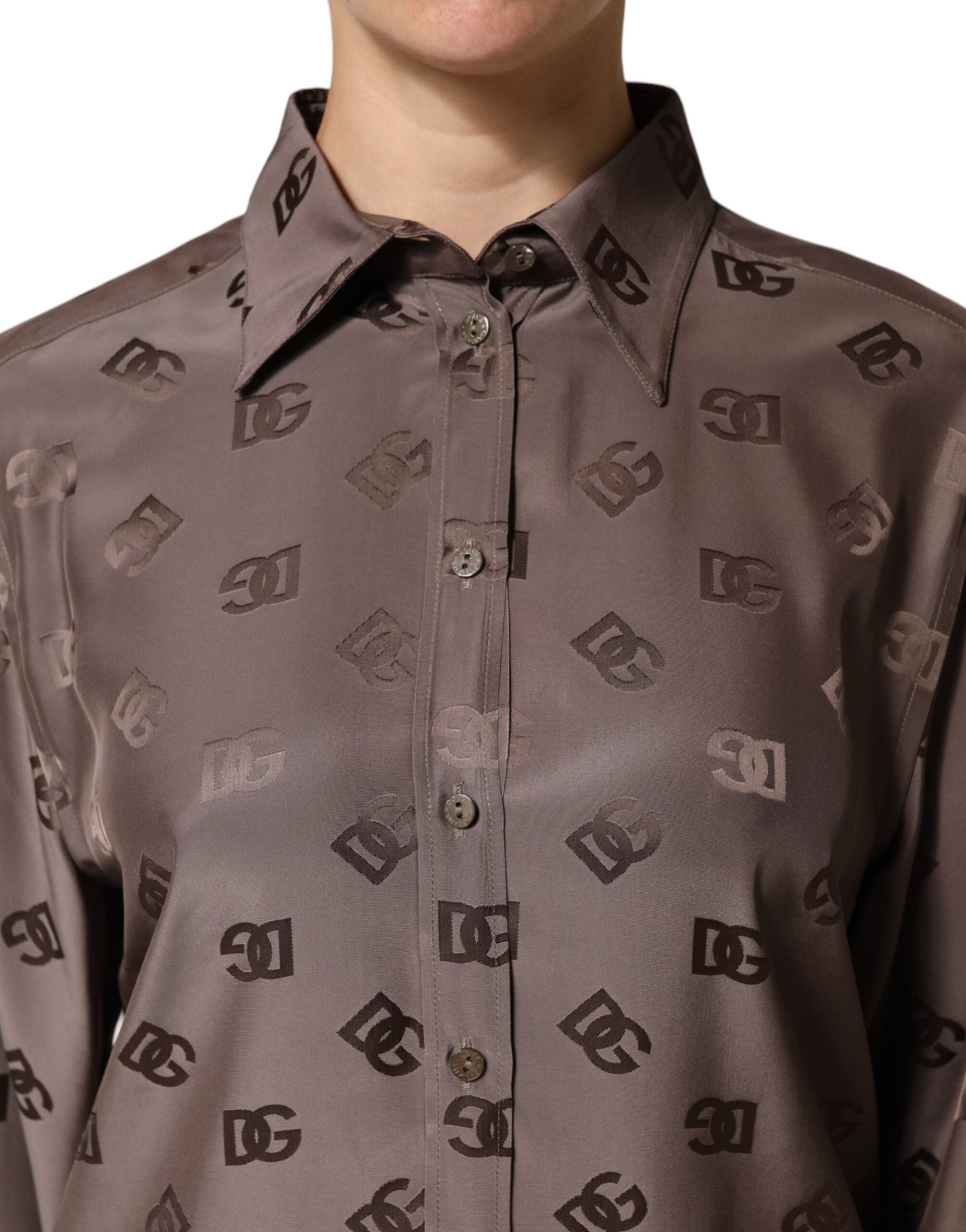 Dolce & Gabbana Logo Long-Sleeve Collared Shirt in Brown
