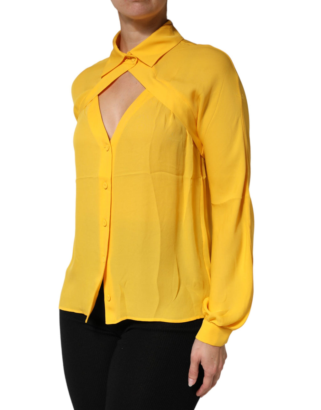 Moschino Couture Yellow Silk Collared Long-Sleeve Top