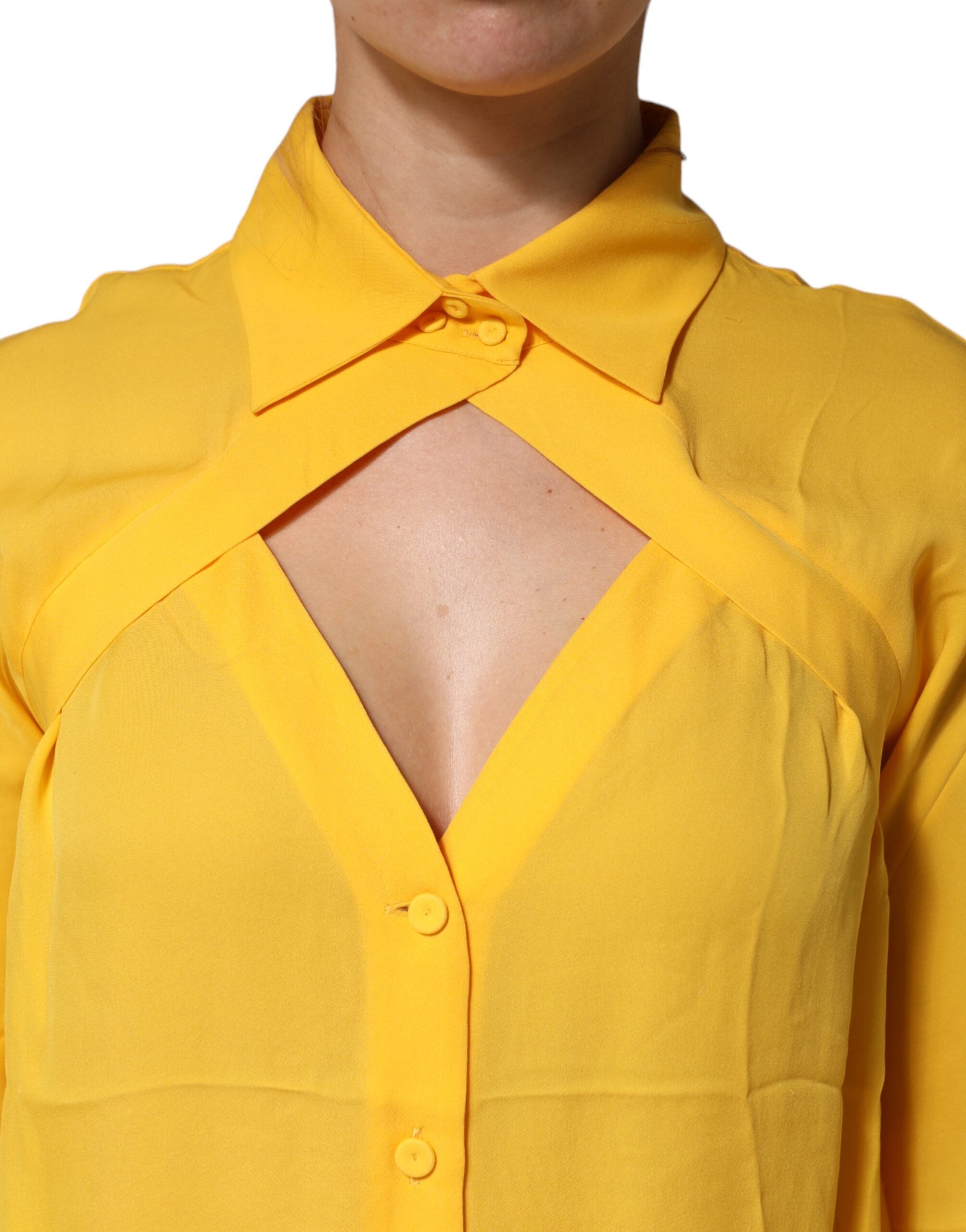 Moschino Couture Yellow Silk Collared Long-Sleeve Top