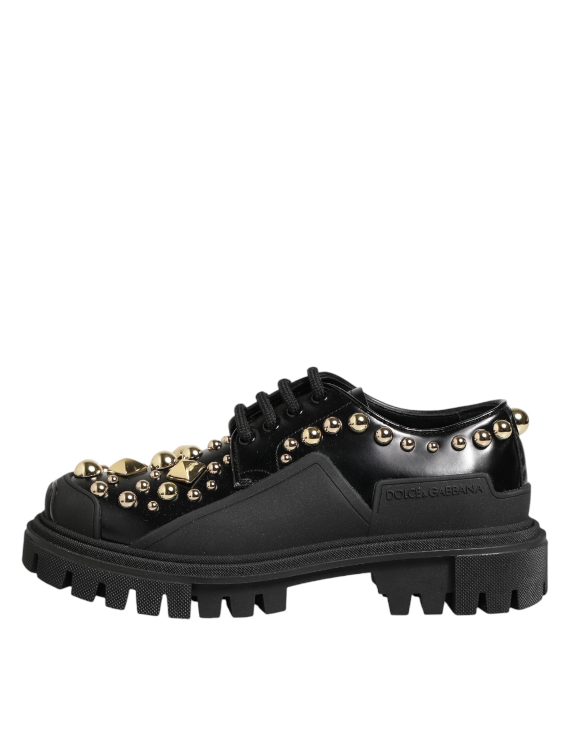 Dolce & Gabbana Black Leather Derby Shoes with Crystal Embellishment