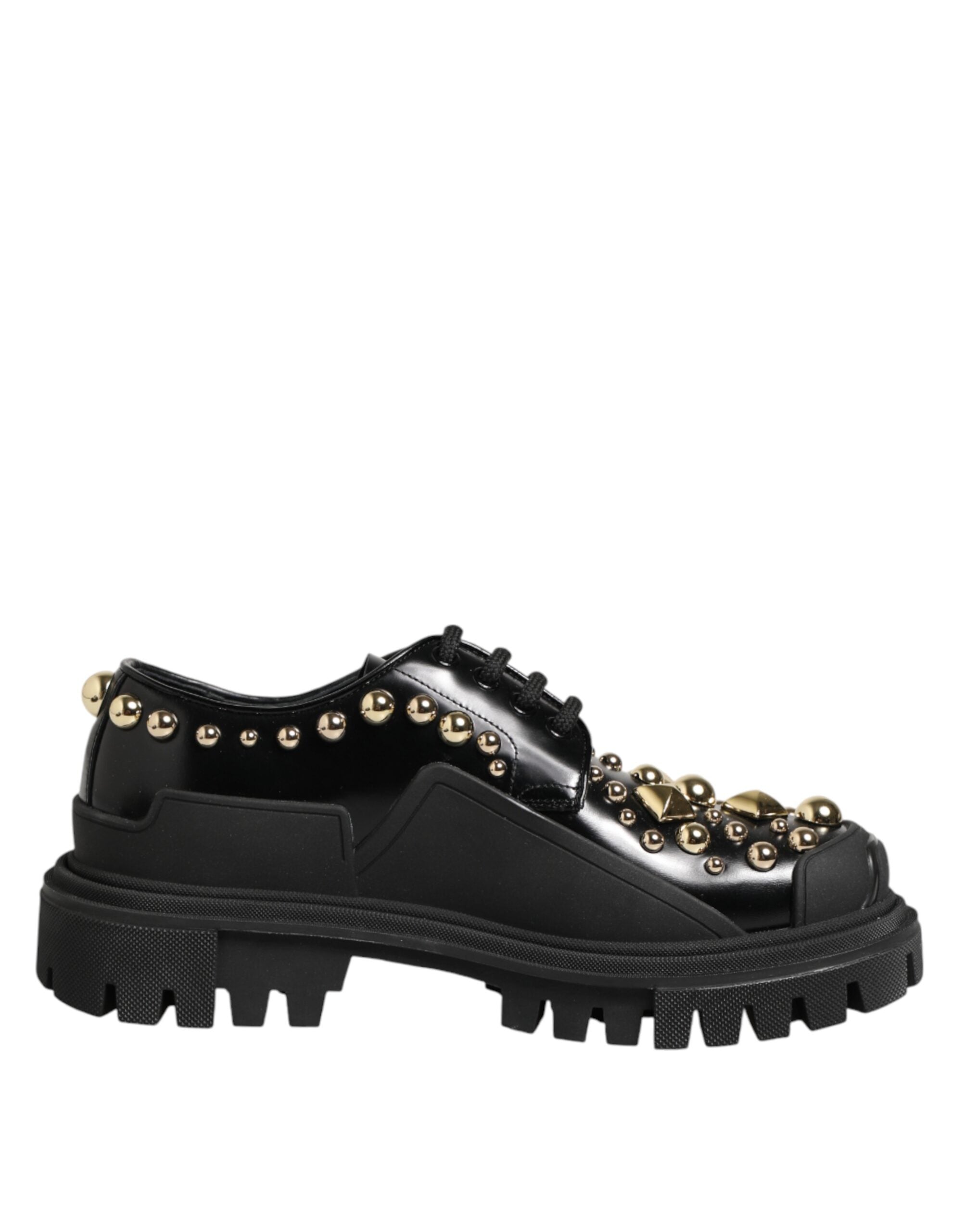 Dolce & Gabbana Black Leather Derby Shoes with Crystal Embellishment