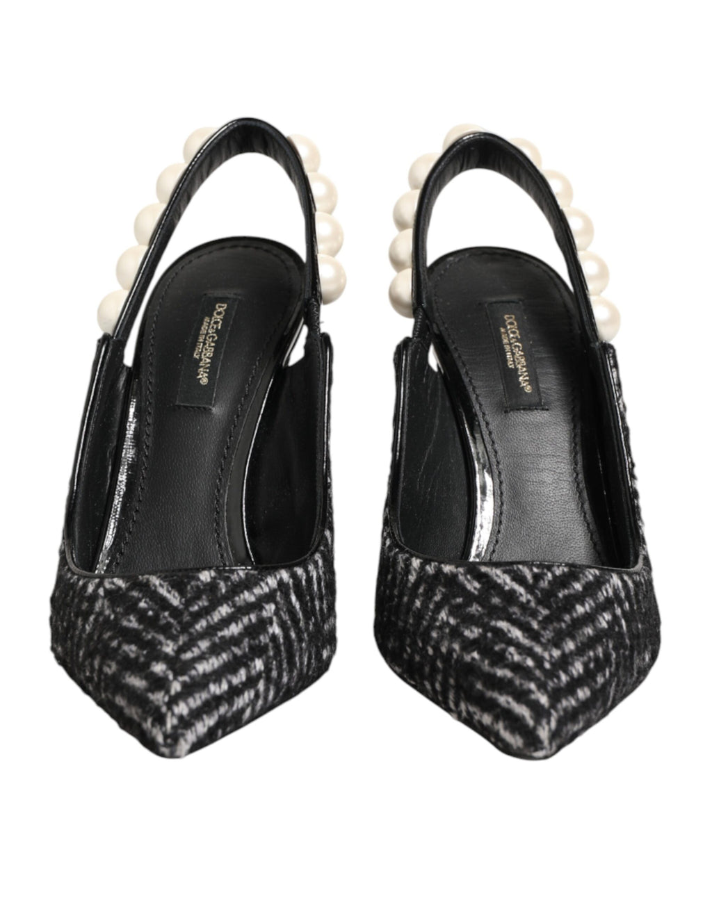 Dolce & Gabbana Weiße Slingback-Schuhe mit Schwarz-Weiß-Chevron-Muster und Kunstperlen