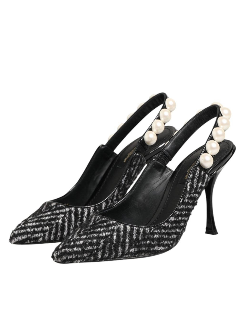 Dolce & Gabbana Weiße Slingback-Schuhe mit Schwarz-Weiß-Chevron-Muster und Kunstperlen