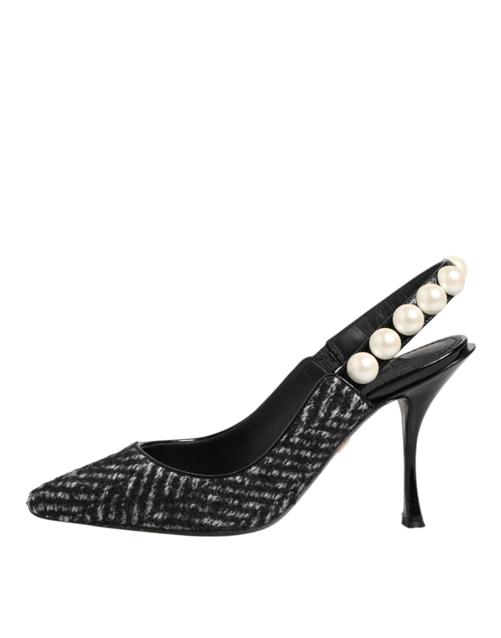 Dolce & Gabbana Weiße Slingback-Schuhe mit Schwarz-Weiß-Chevron-Muster und Kunstperlen