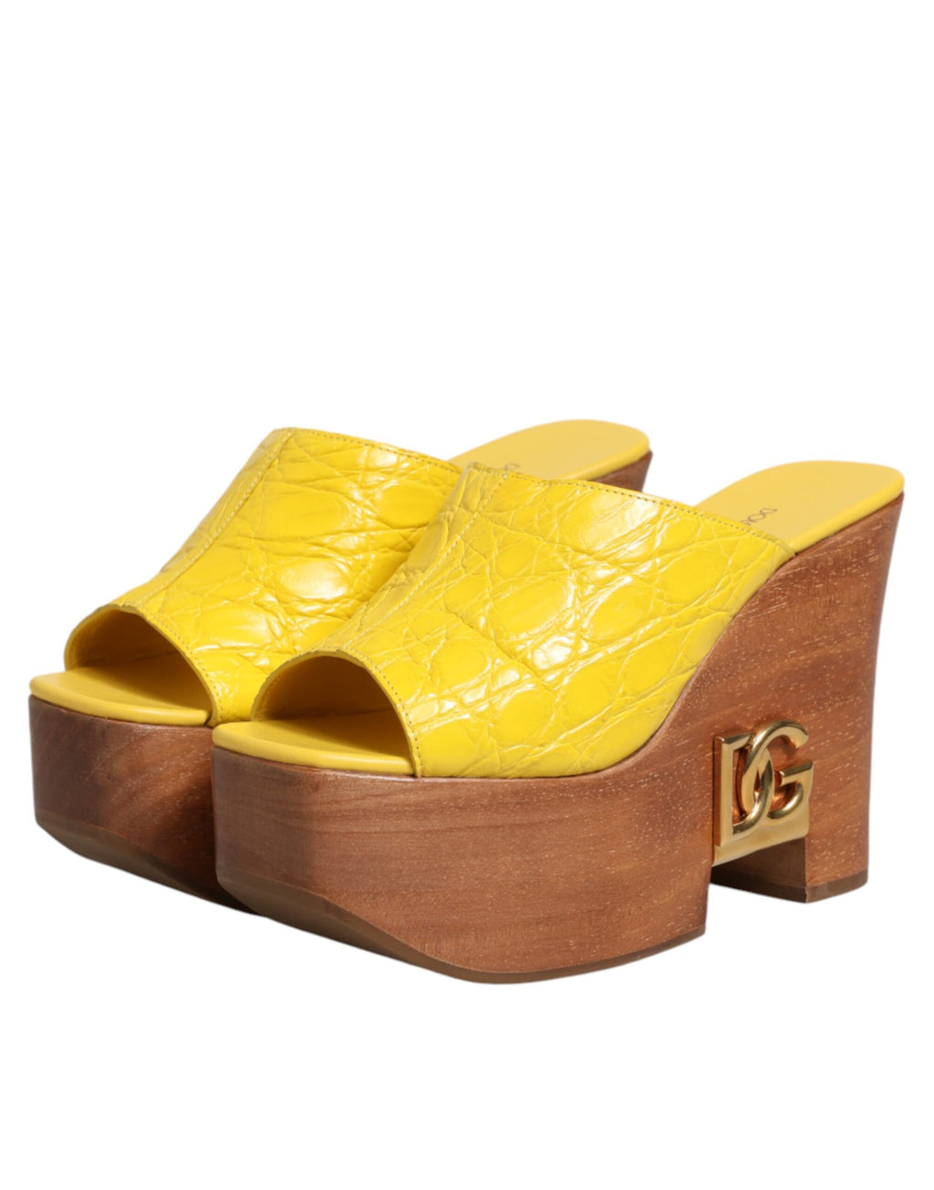 Dolce & Gabbana Yellow Leather Wood Mule Wedge Slides