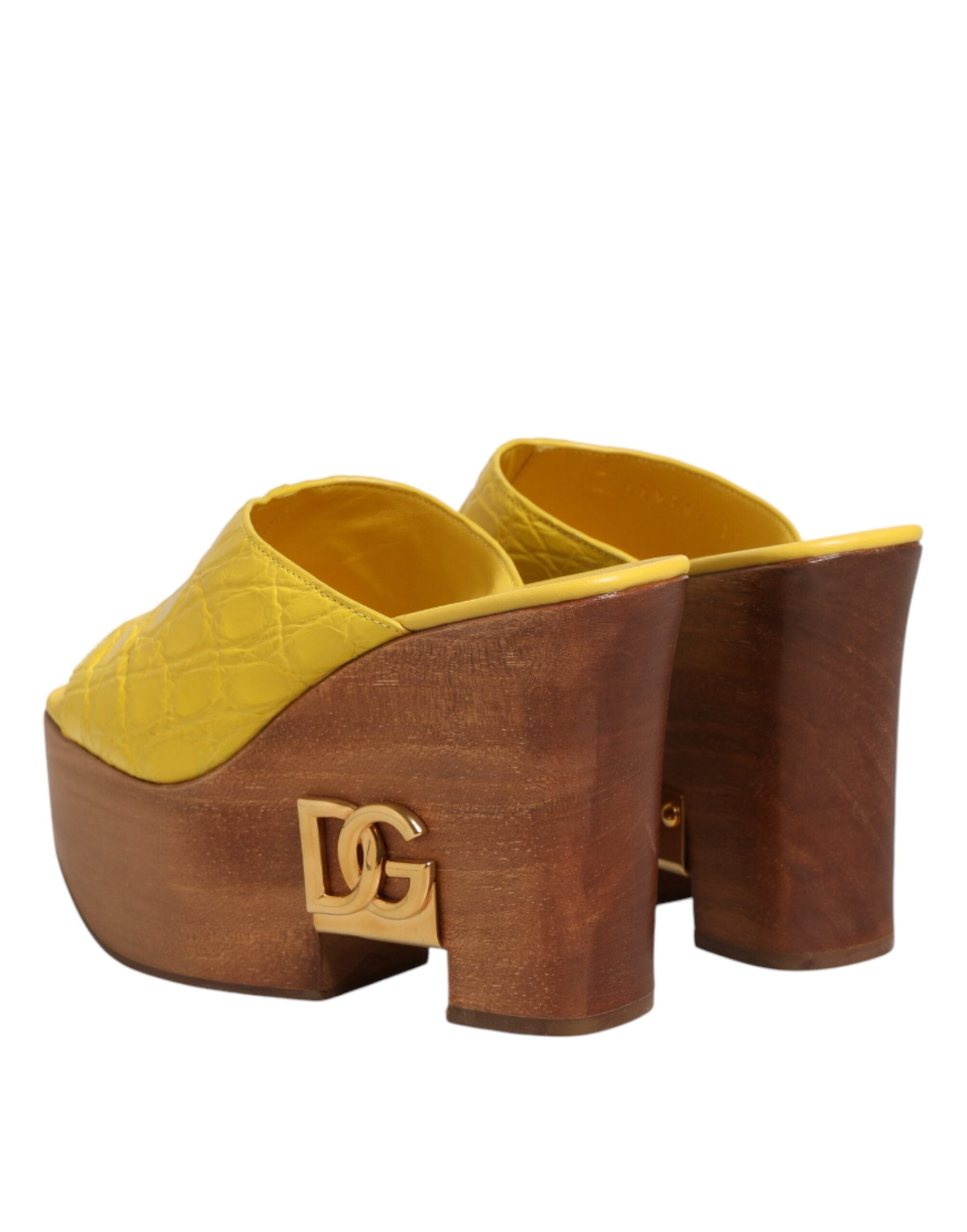 Dolce & Gabbana Yellow Leather Wood Mule Wedge Slides