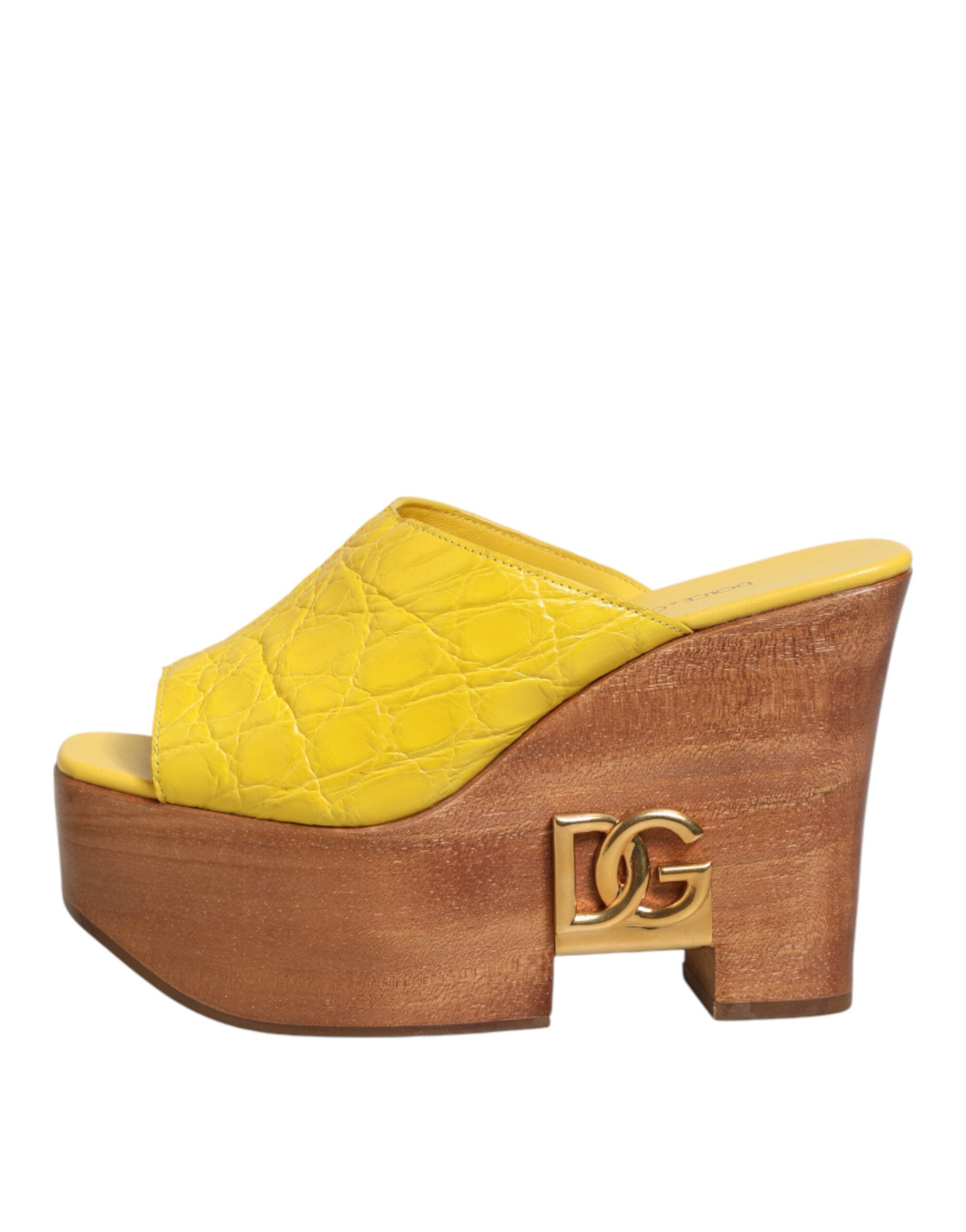 Dolce & Gabbana Yellow Leather Wood Mule Wedge Slides