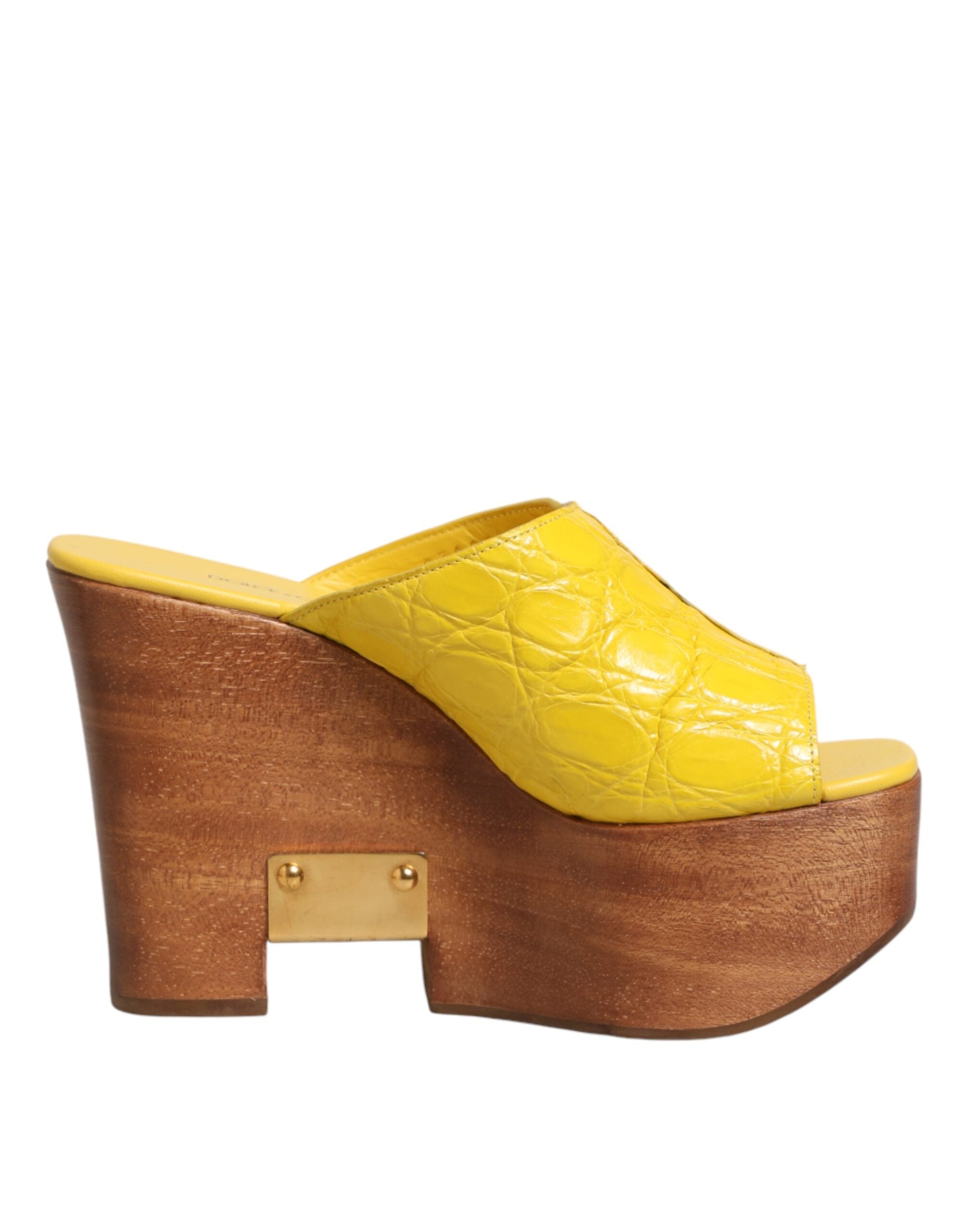Dolce & Gabbana Yellow Leather Wood Mule Wedge Slides