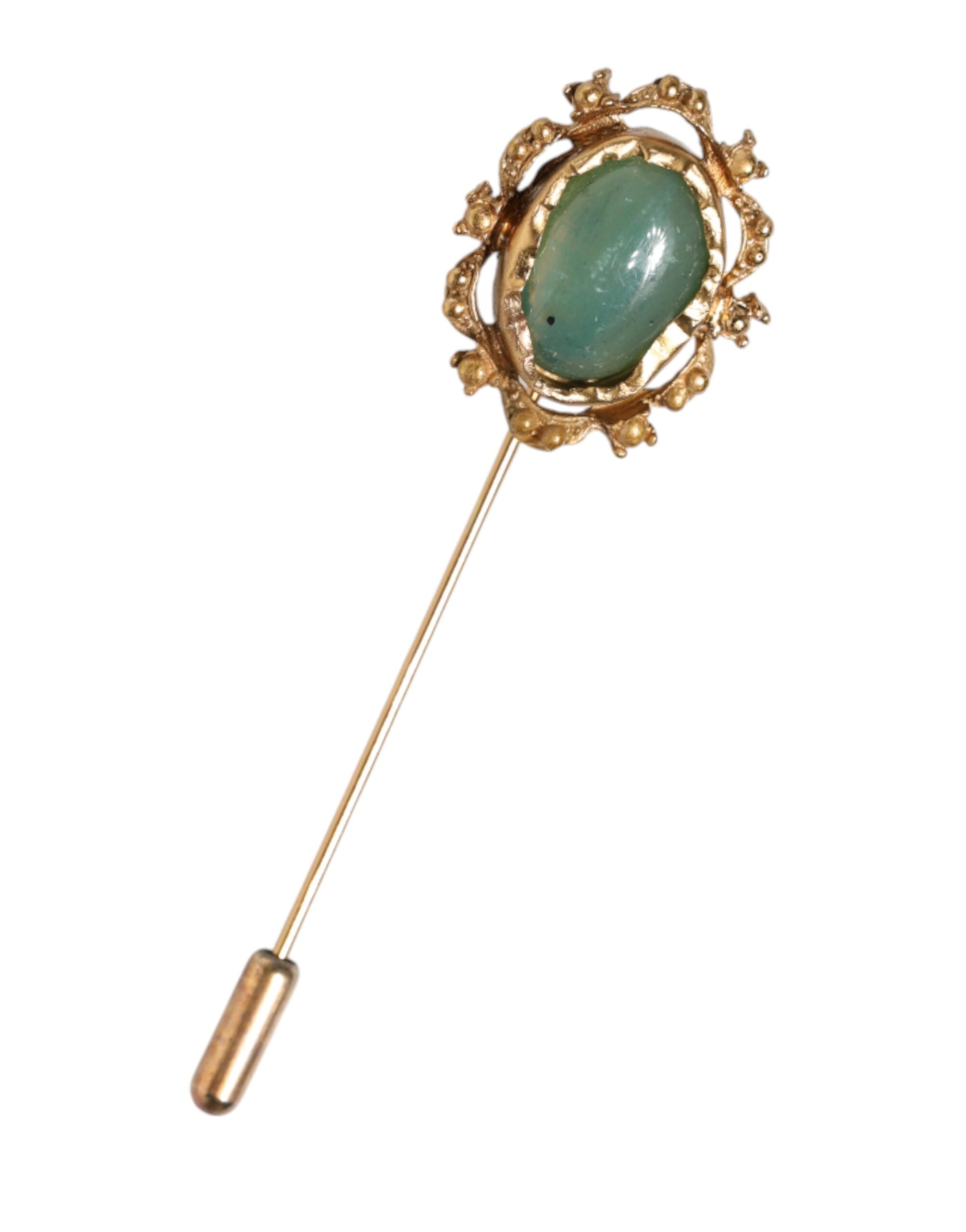 Dolce & Gabbana Goldfarbener Herren-Anstecker mit grünem Stein im Antik-Look