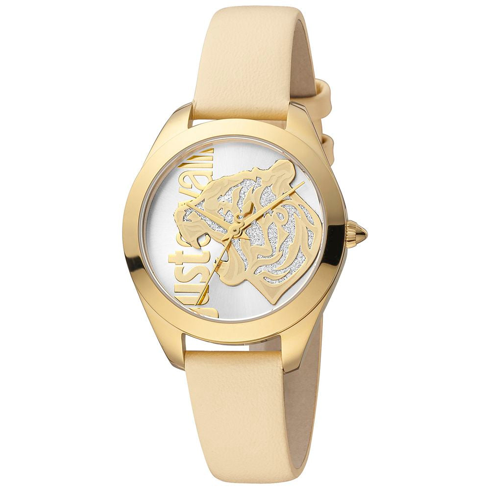 Just Cavalli Beigefarbene Leder-Armbanduhr