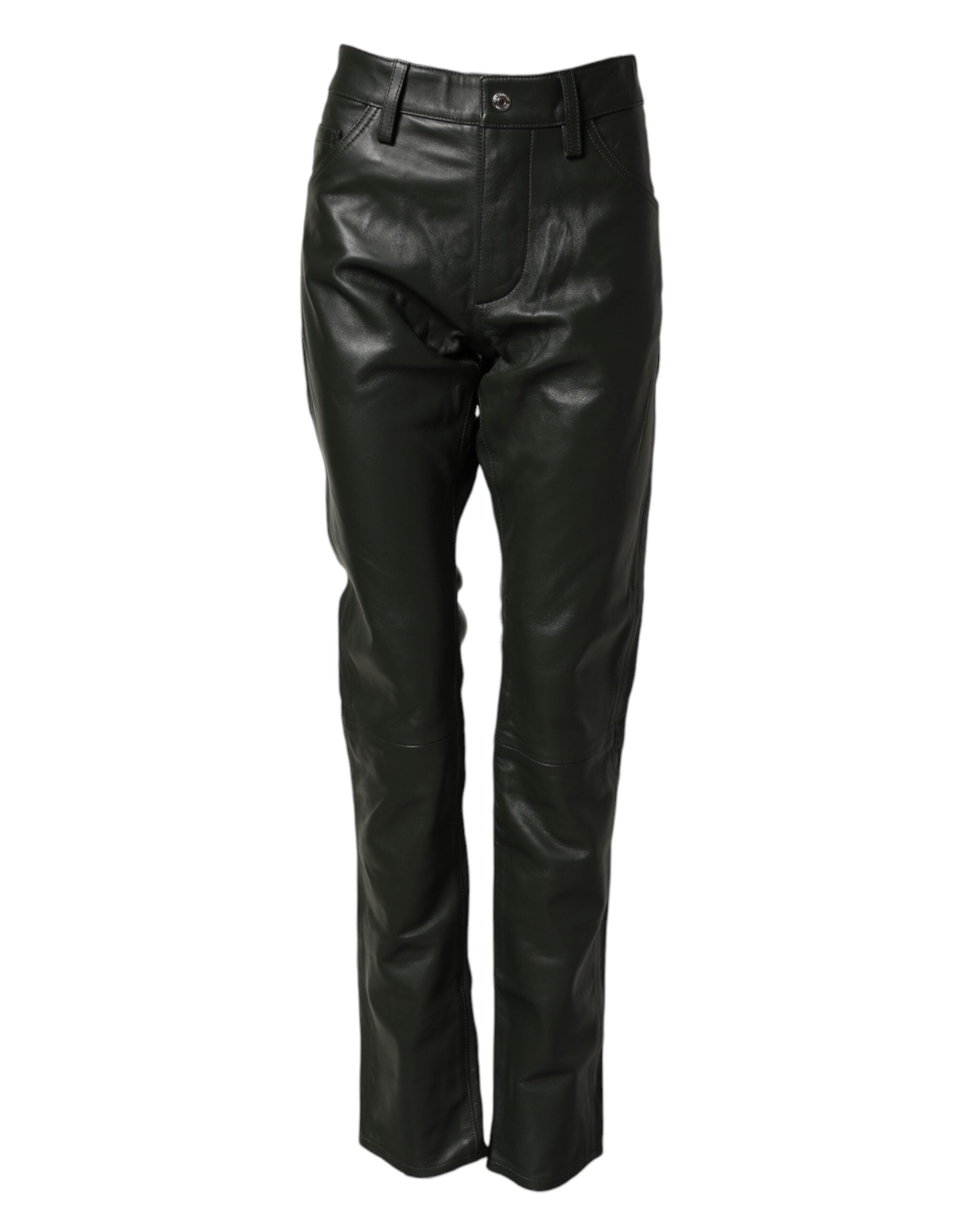 Dsquared² Black Full-Grain Leather Trousers with Mid-Rise Waist
