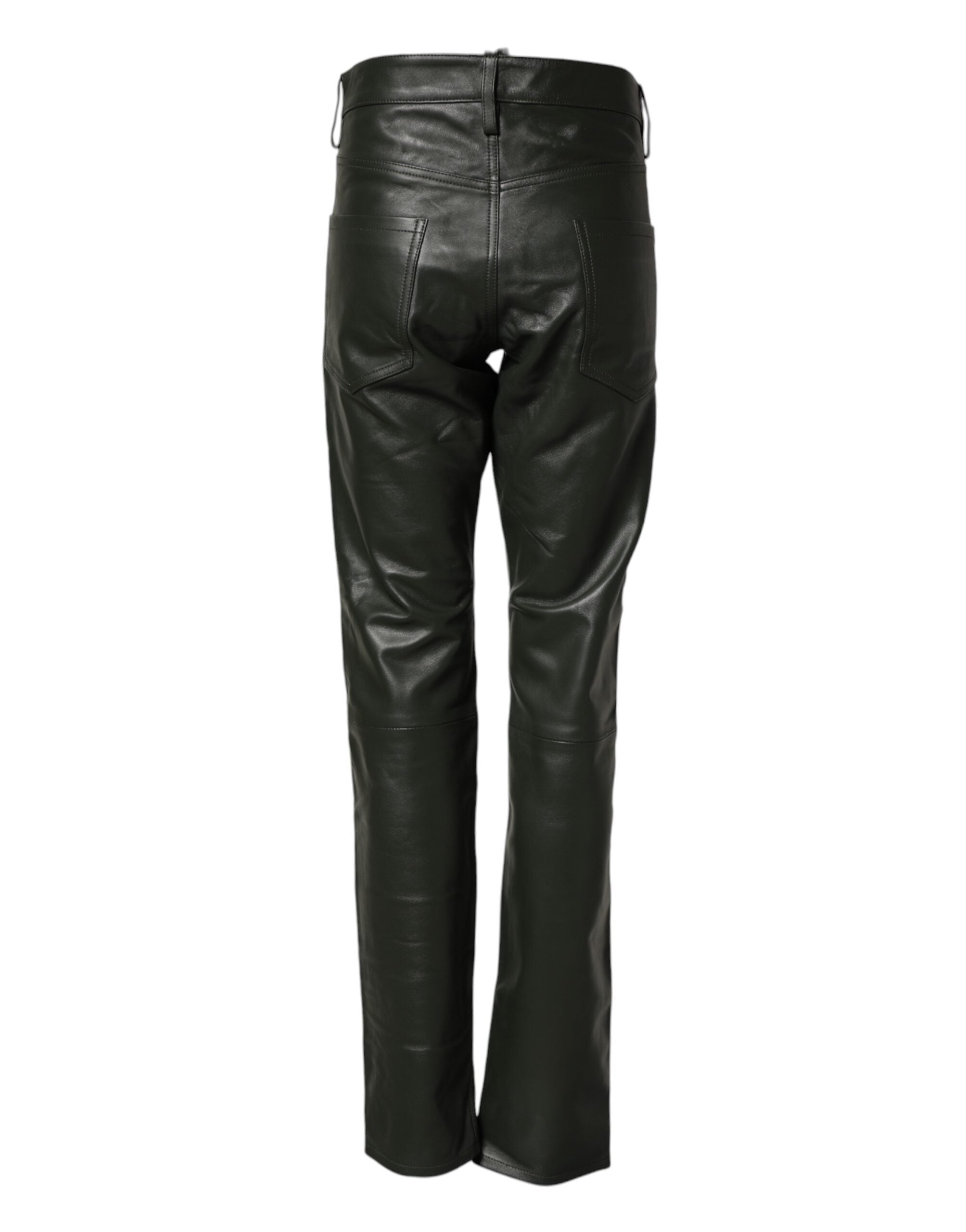 Dsquared² Black Full-Grain Leather Trousers with Mid-Rise Waist
