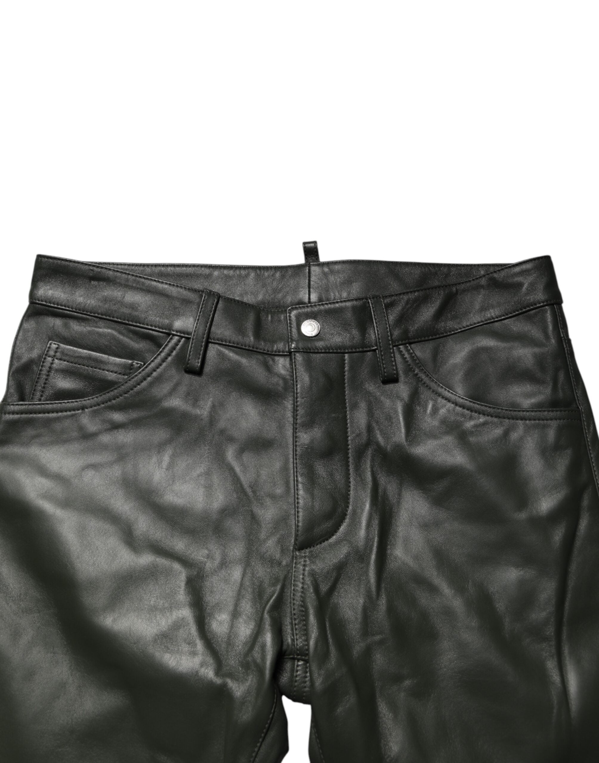 Dsquared² Black Full-Grain Leather Trousers with Mid-Rise Waist