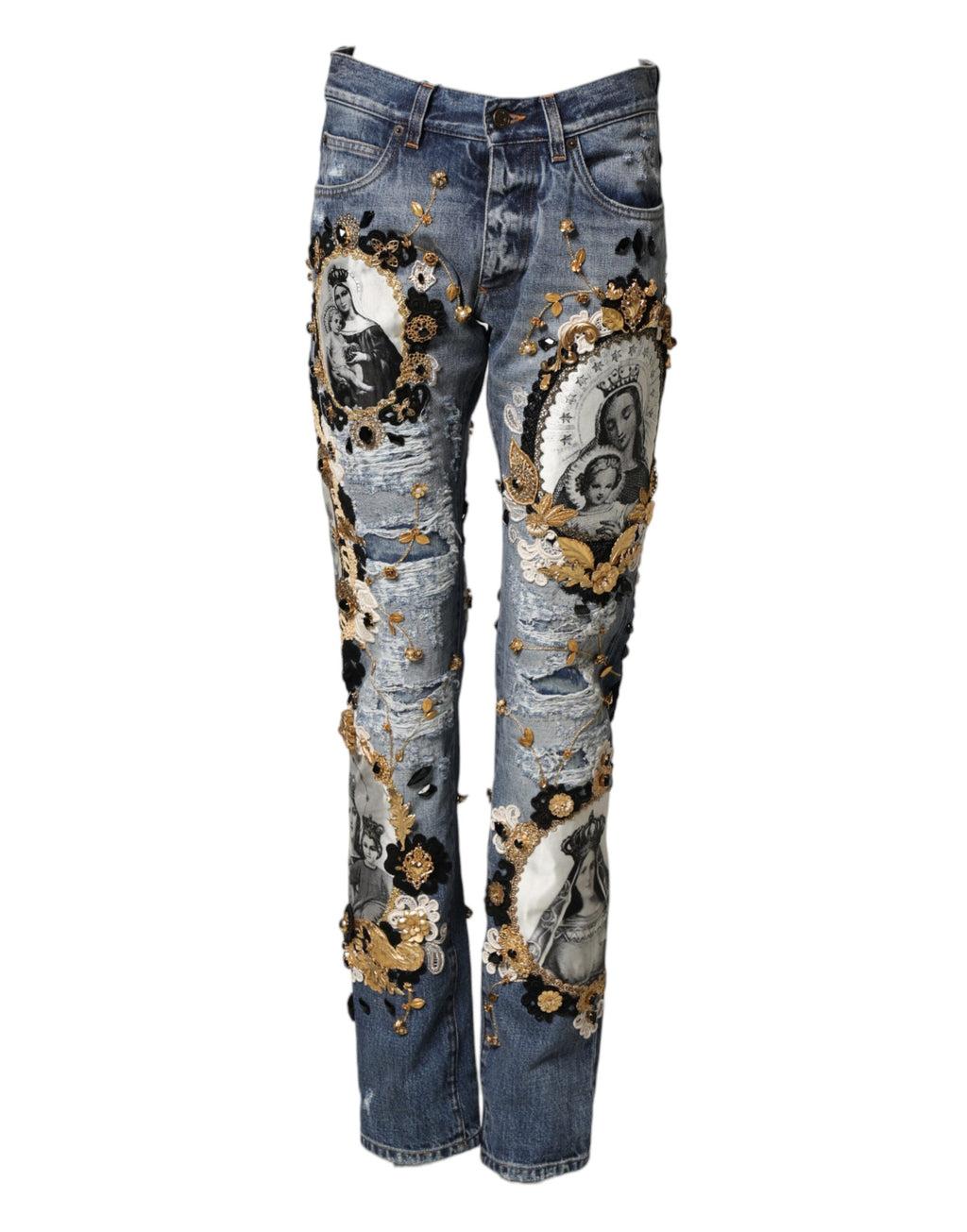 Dolce & Gabbana blue distressed cotton-denim jeans with embellishments