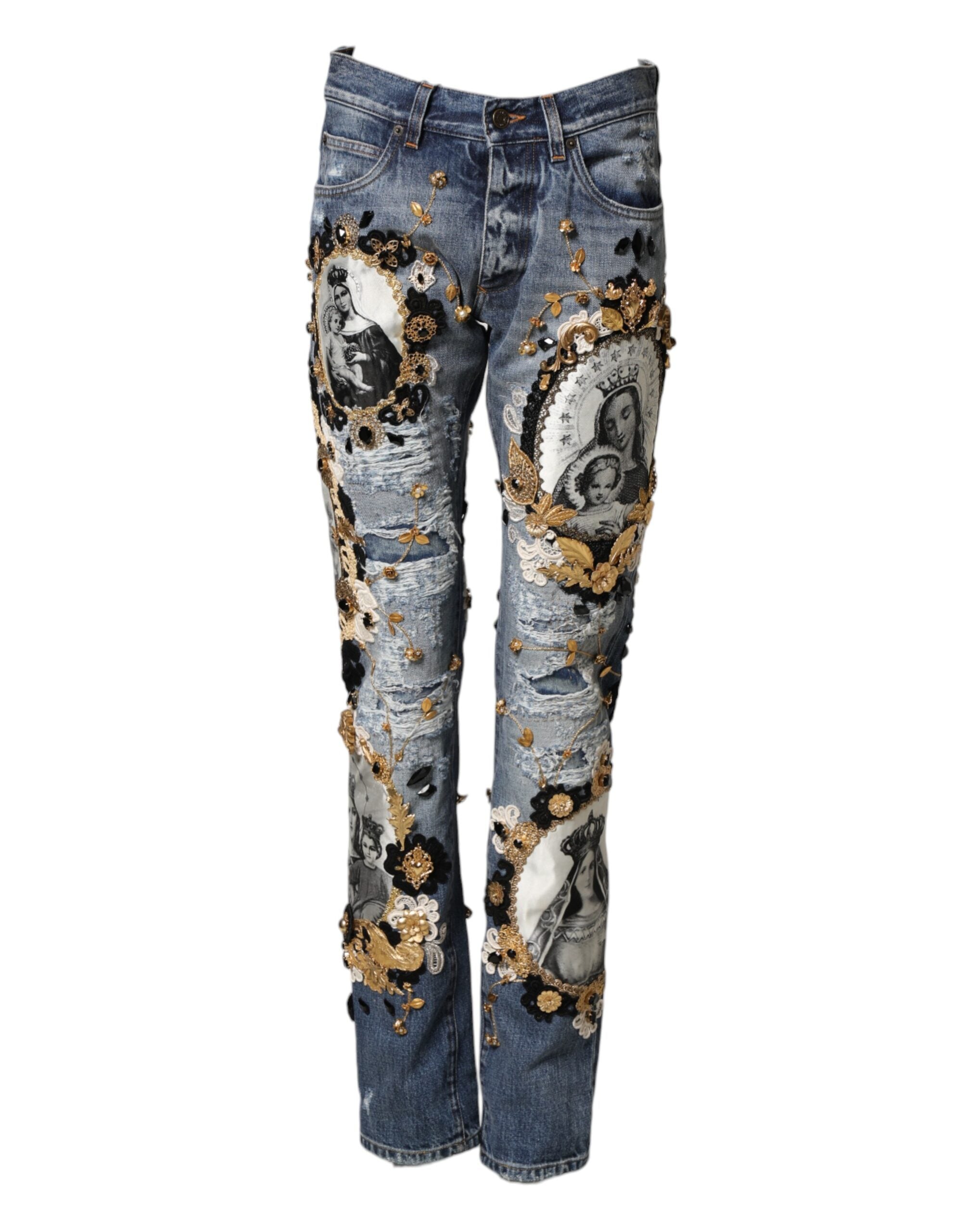 Dolce & Gabbana blue distressed cotton-denim jeans with embellishments