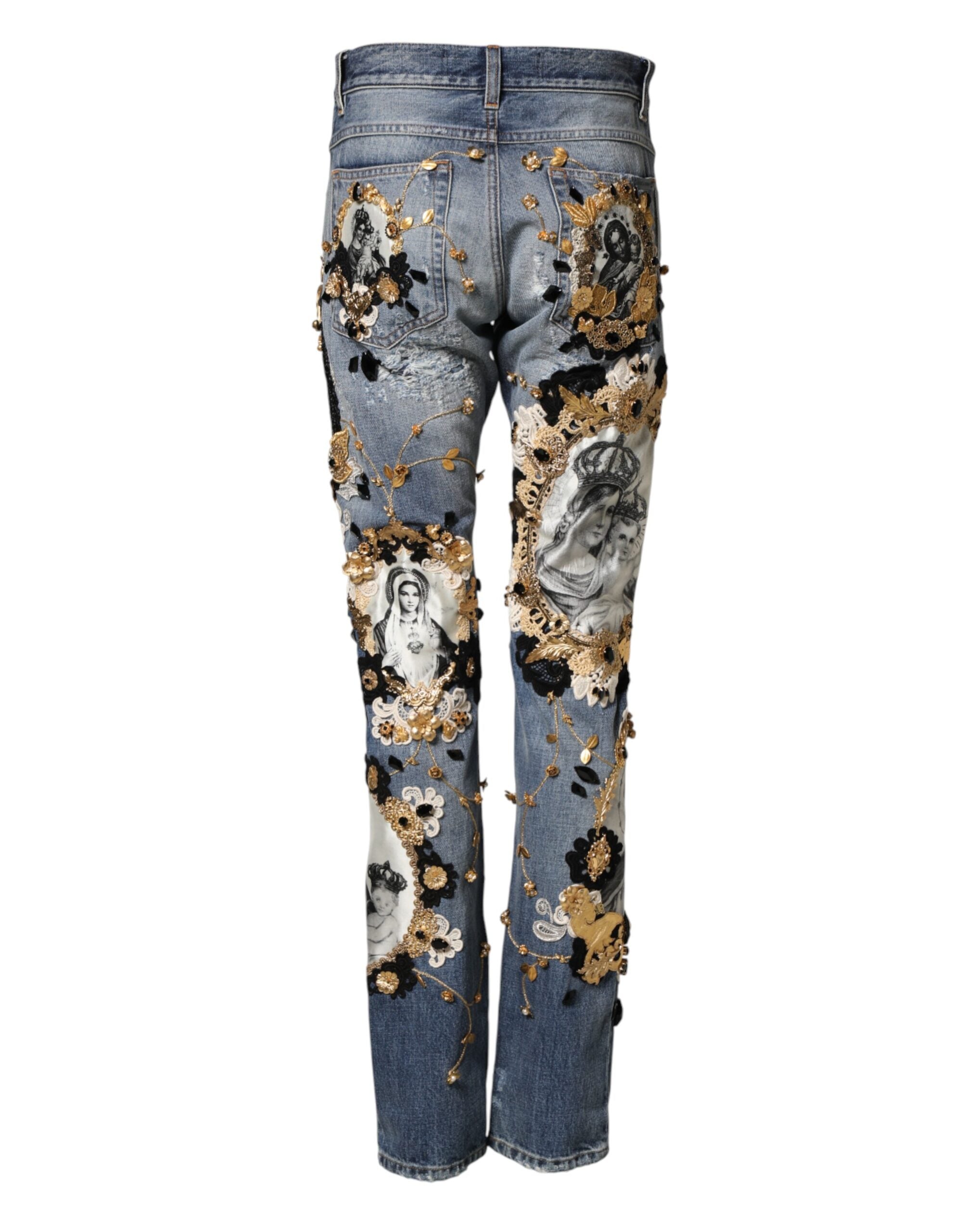 Dolce & Gabbana blue distressed cotton-denim jeans with embellishments