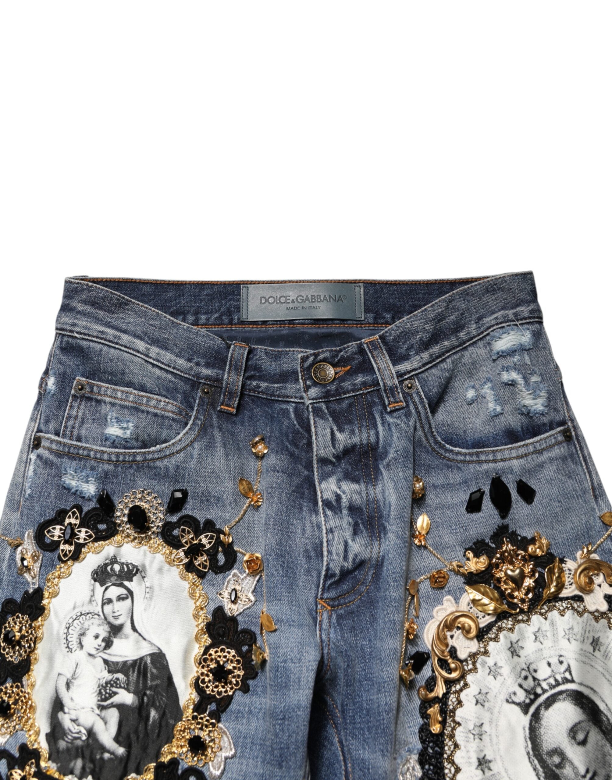 Dolce & Gabbana blue distressed cotton-denim jeans with embellishments