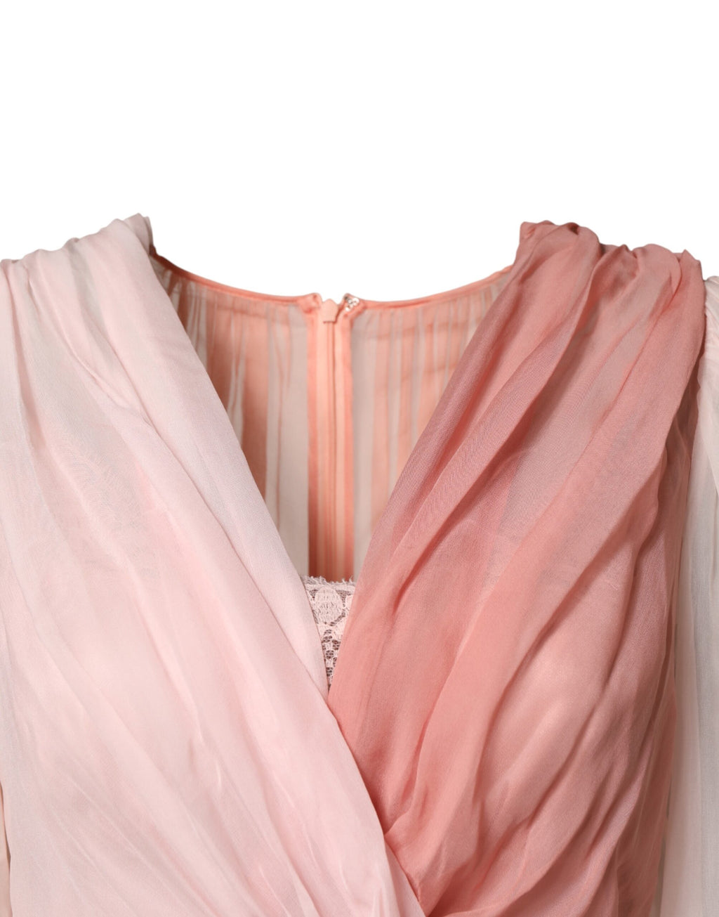 Dolce & Gabbana Pink Silk Tulle Long-Sleeved V-Neck Dress
