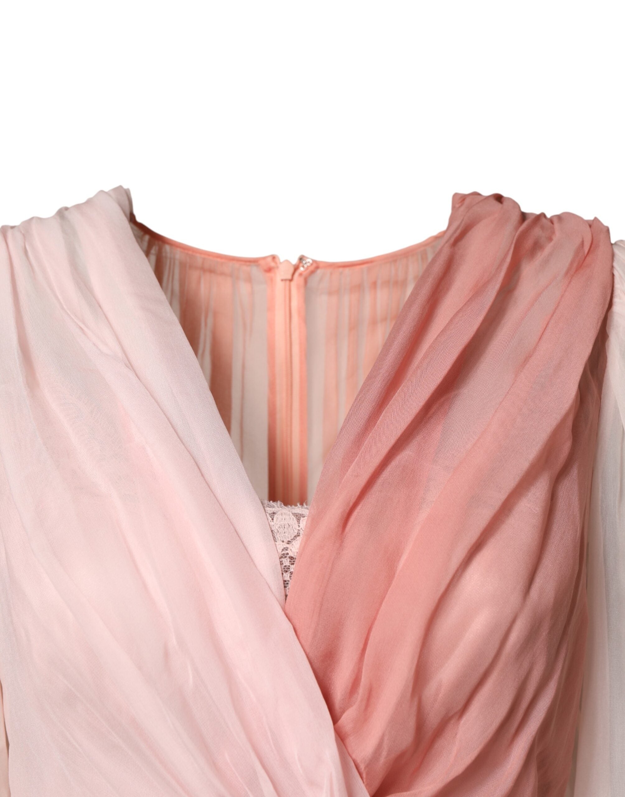 Dolce & Gabbana Pink Silk Tulle Long-Sleeved V-Neck Dress