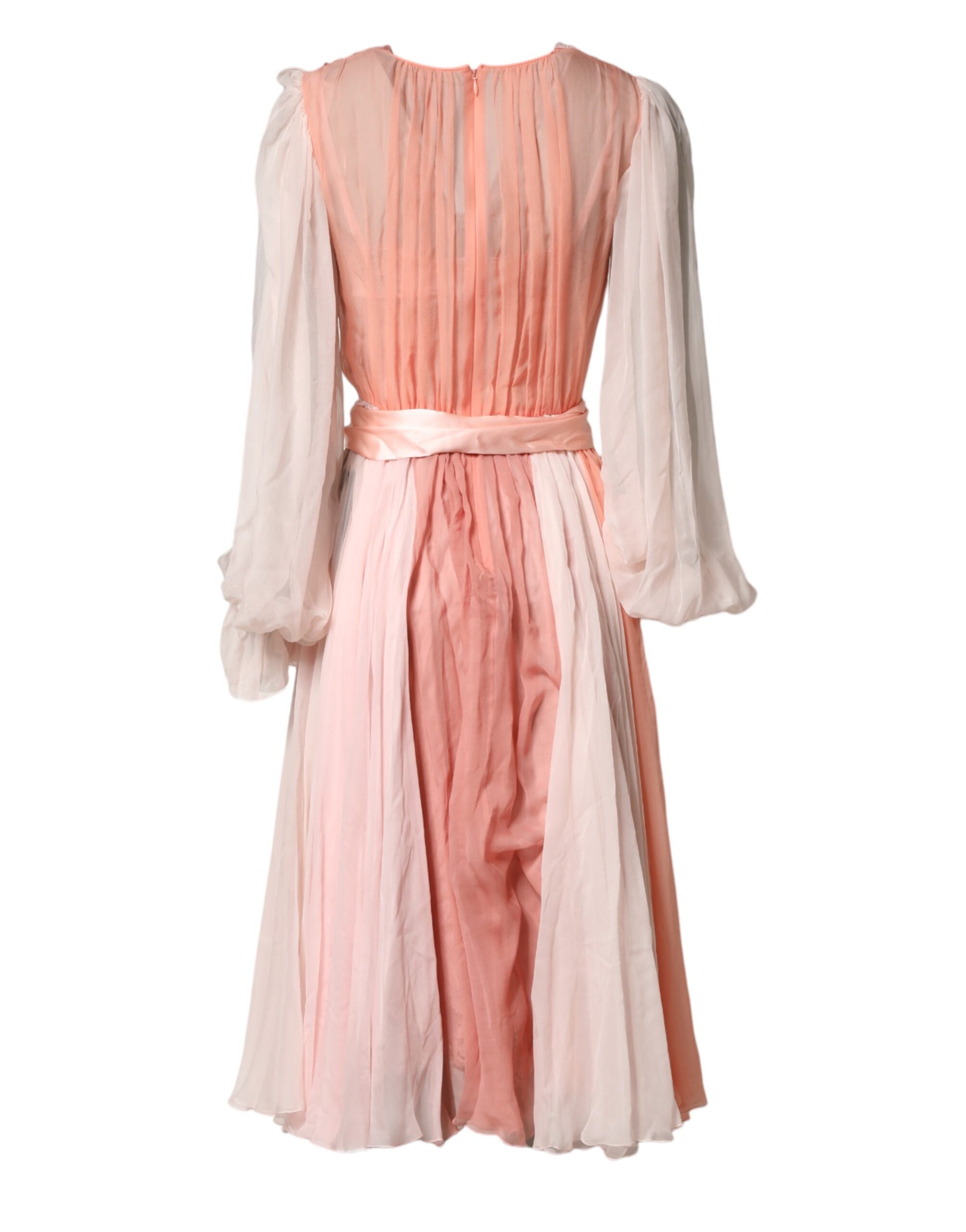Dolce & Gabbana Pink Silk Tulle Long-Sleeved V-Neck Dress