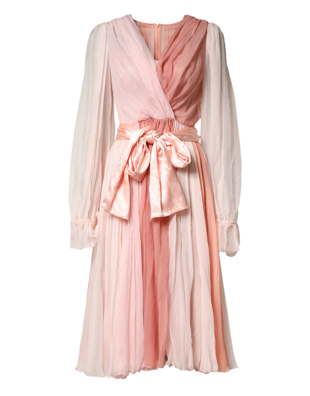 Dolce & Gabbana Pink Silk Tulle Long-Sleeved V-Neck Dress