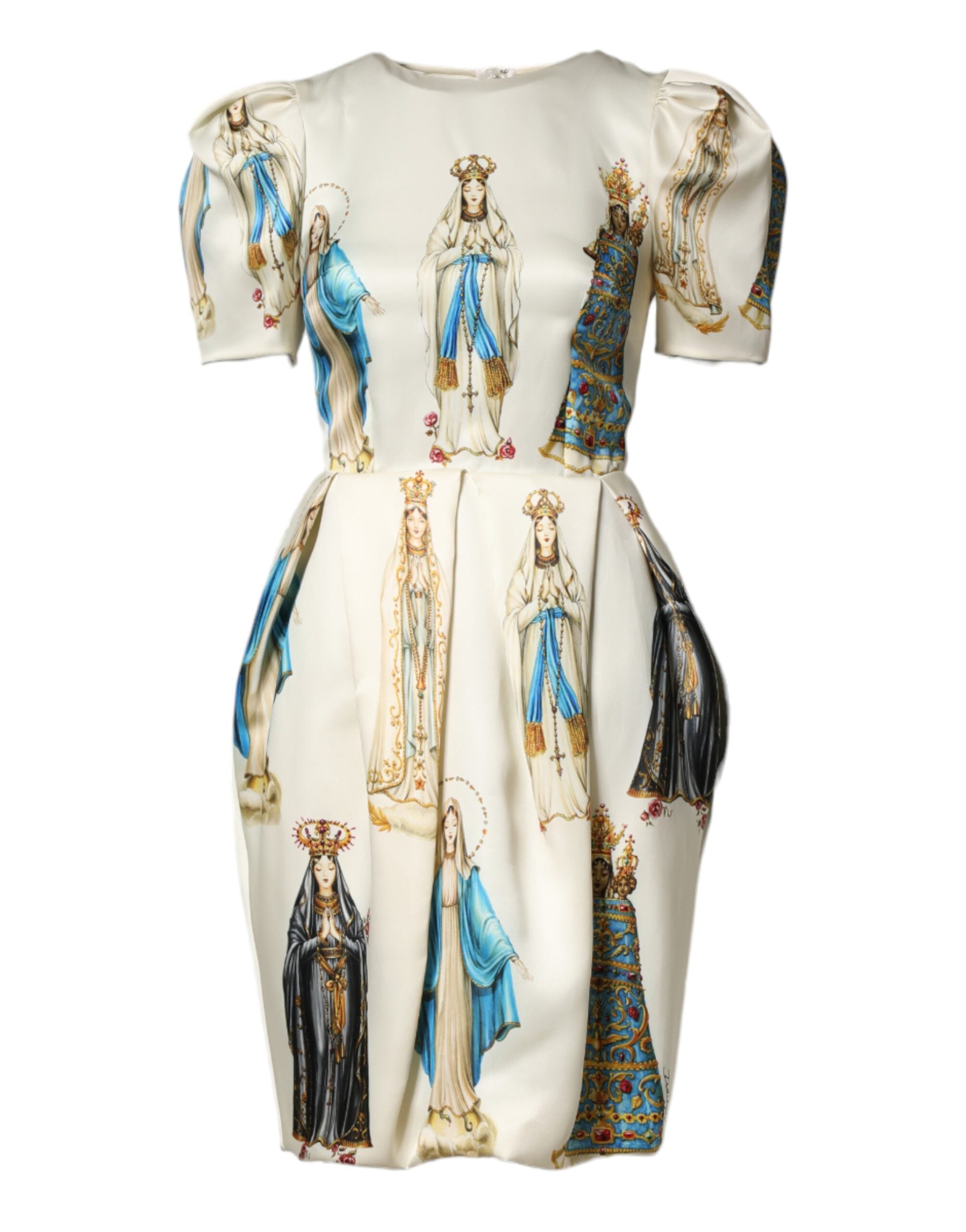 Dolce & Gabbana Beigefarbenes Madonnen-Print-Seidenkleid mit kurzen Ärmeln