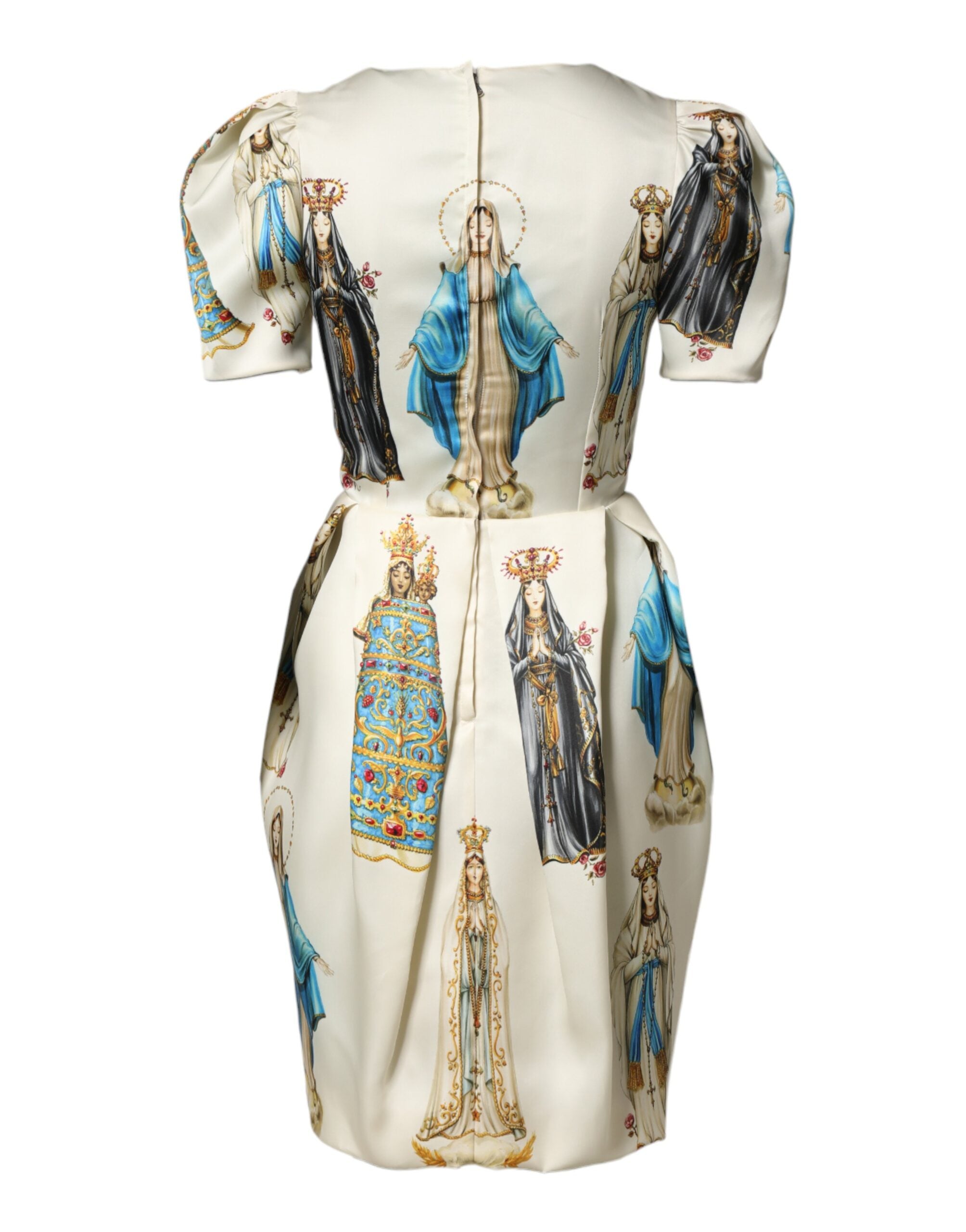 Dolce & Gabbana Beigefarbenes Madonnen-Print-Seidenkleid mit kurzen Ärmeln