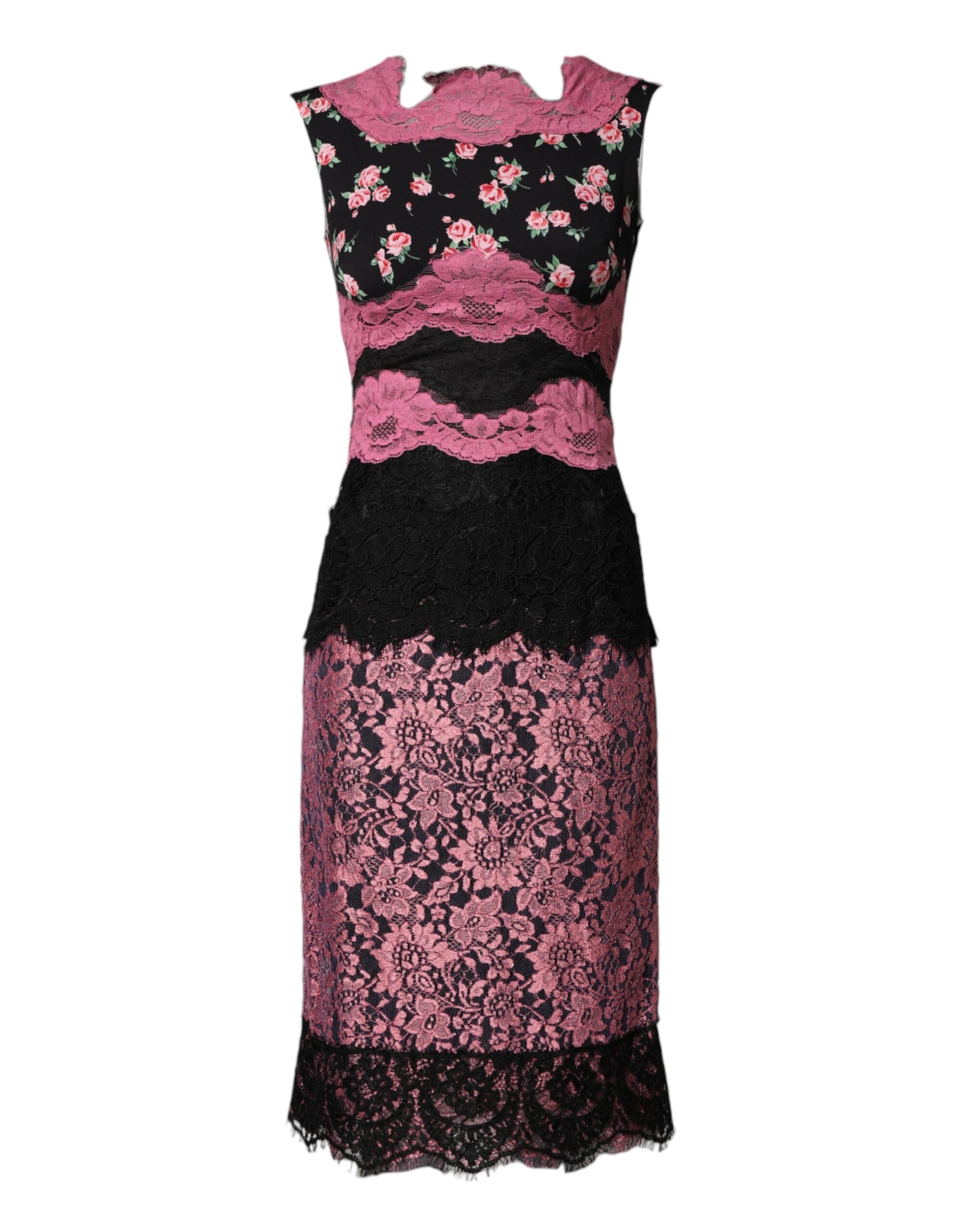 Dolce & Gabbana Black Silk Dress with Pink Floral Lace