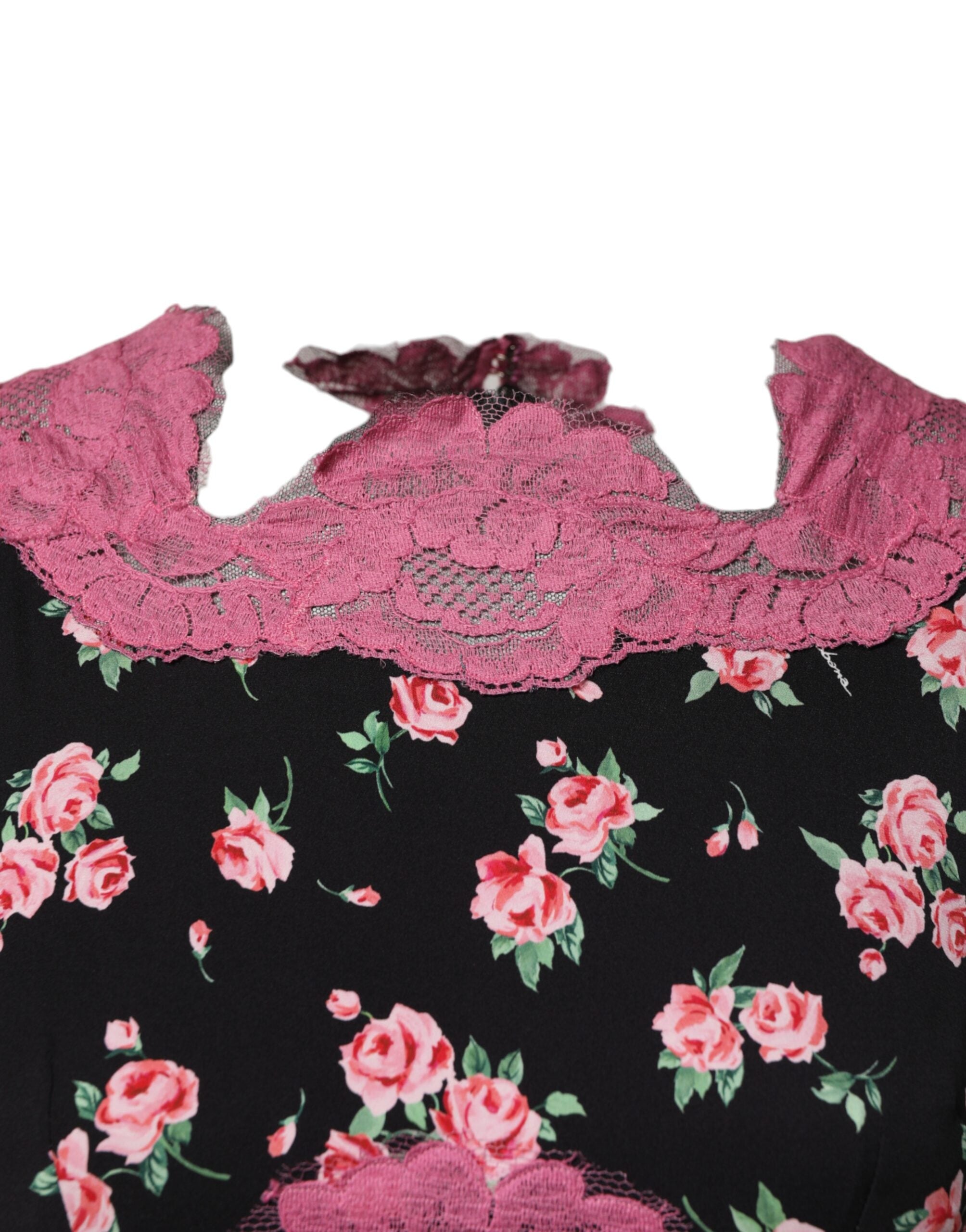 Dolce & Gabbana Black Silk Dress with Pink Floral Lace