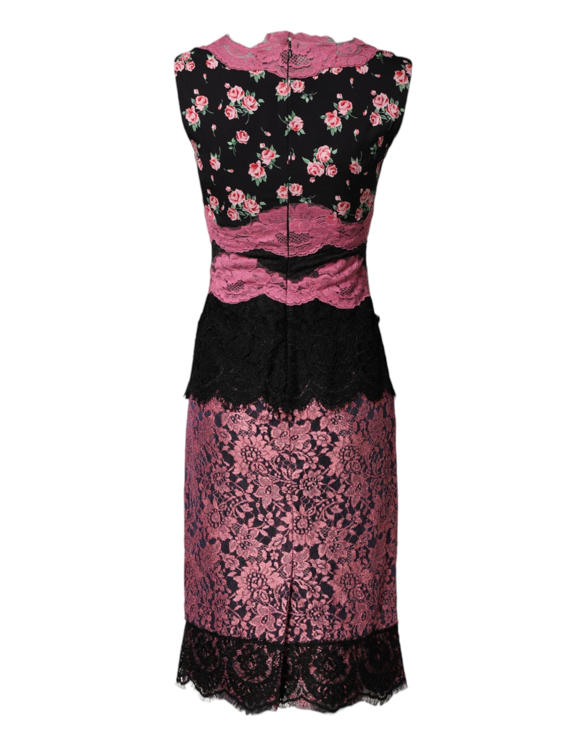 Dolce & Gabbana Black Silk Dress with Pink Floral Lace
