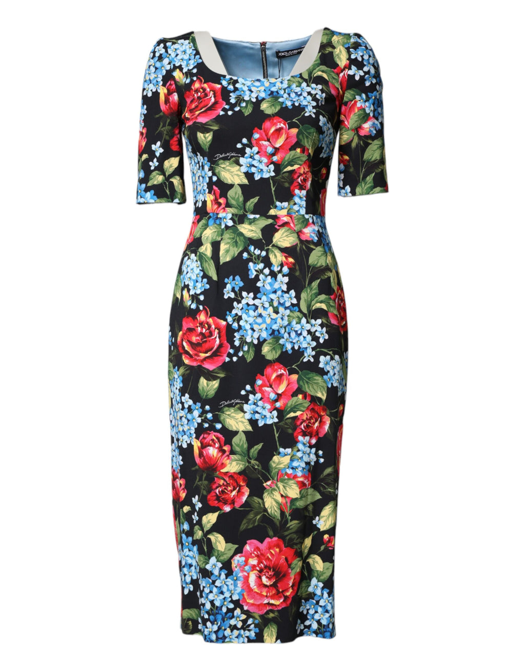 Dolce & Gabbana Schwarzes Midi-Etui-Kleid mit floralem Viskose-Print