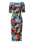 Dolce & Gabbana Schwarzes Midi-Etui-Kleid mit floralem Viskose-Print