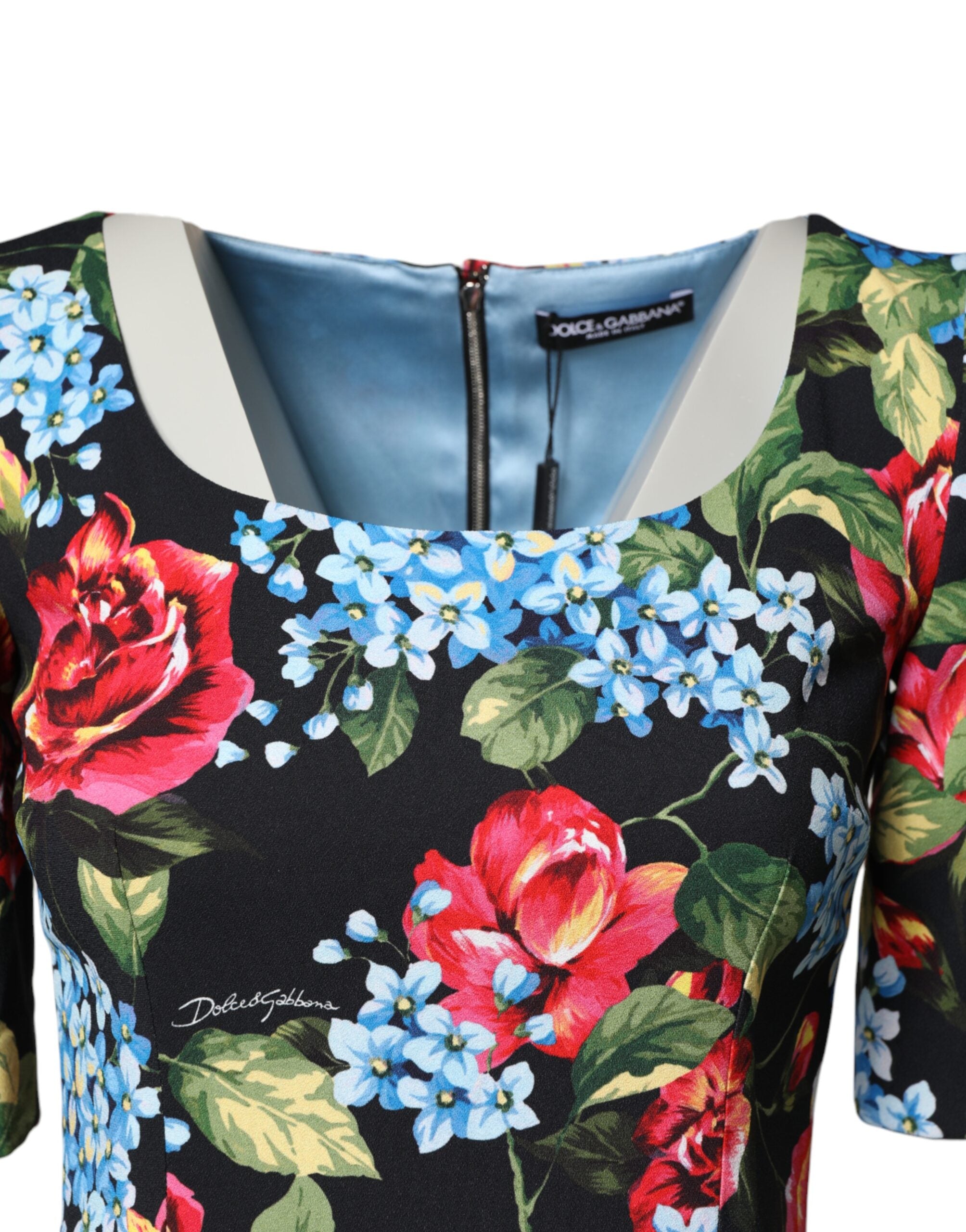 Dolce & Gabbana Black Floral Print Viscose Midi Sheath Dress