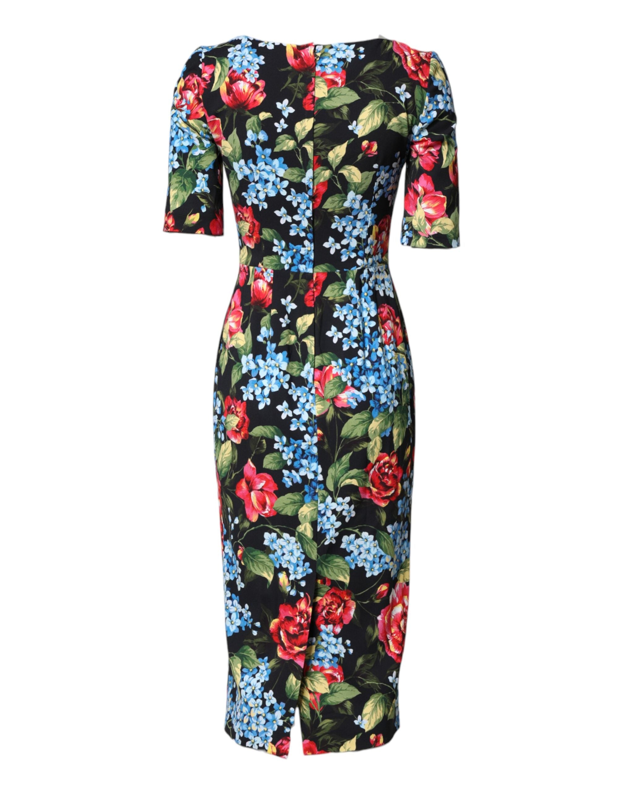 Dolce & Gabbana Black Floral Print Viscose Midi Sheath Dress
