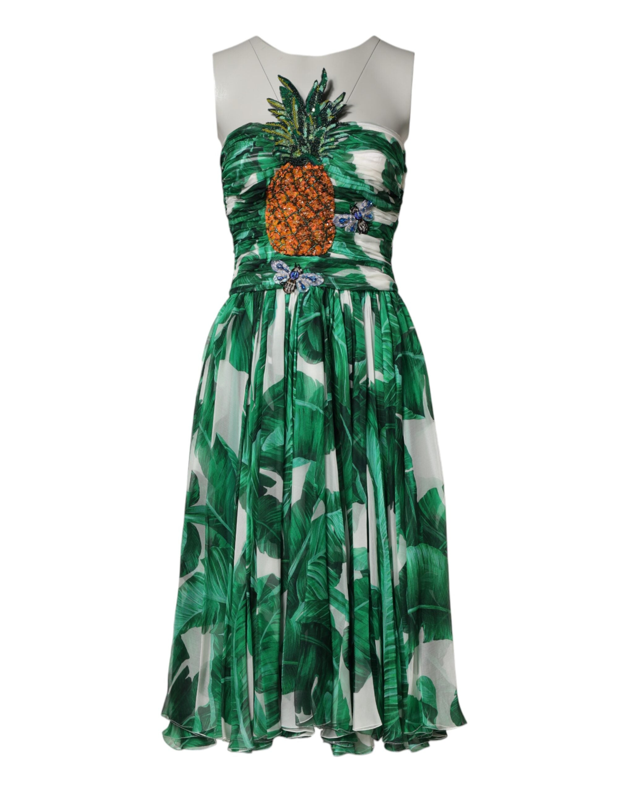 Dolce & Gabbana Green Pineapple-Detail Dress with Banana Leaf Print