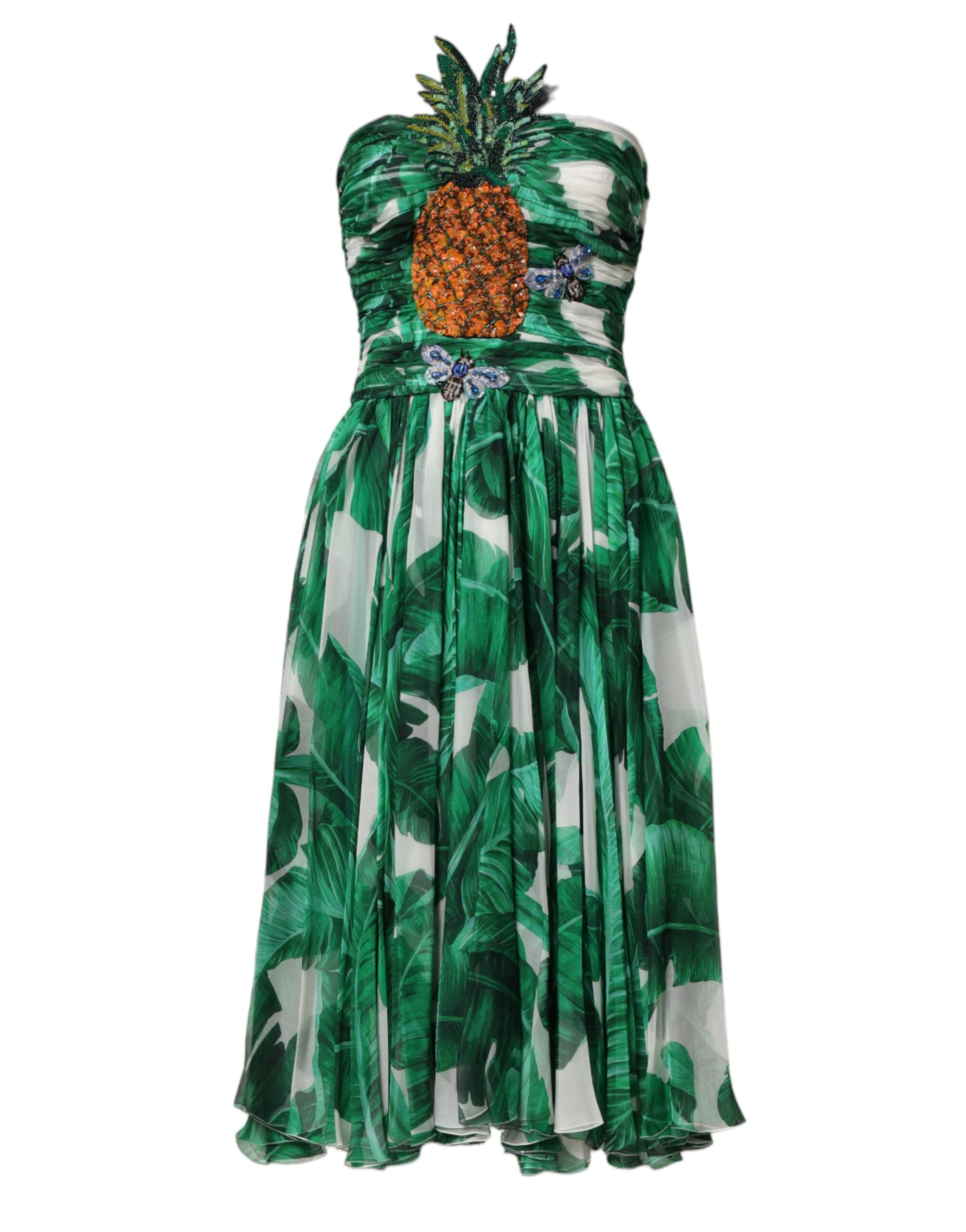Dolce & Gabbana Green Pineapple-Detail Dress with Banana Leaf Print