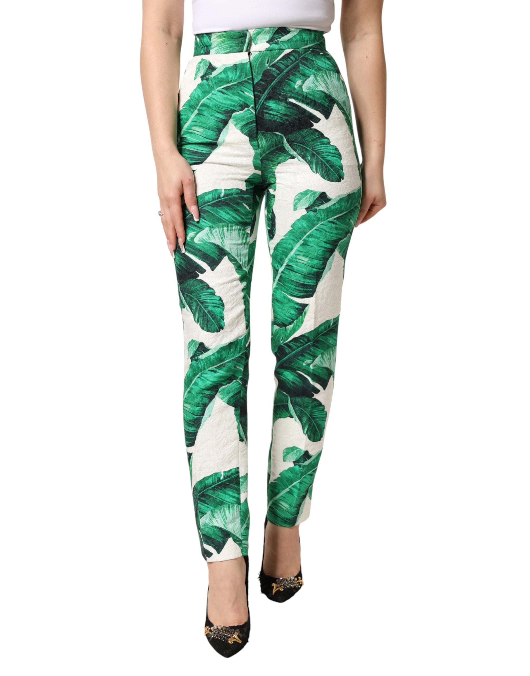Dolce & Gabbana White High-Waisted Trousers with Green Leaf Pattern