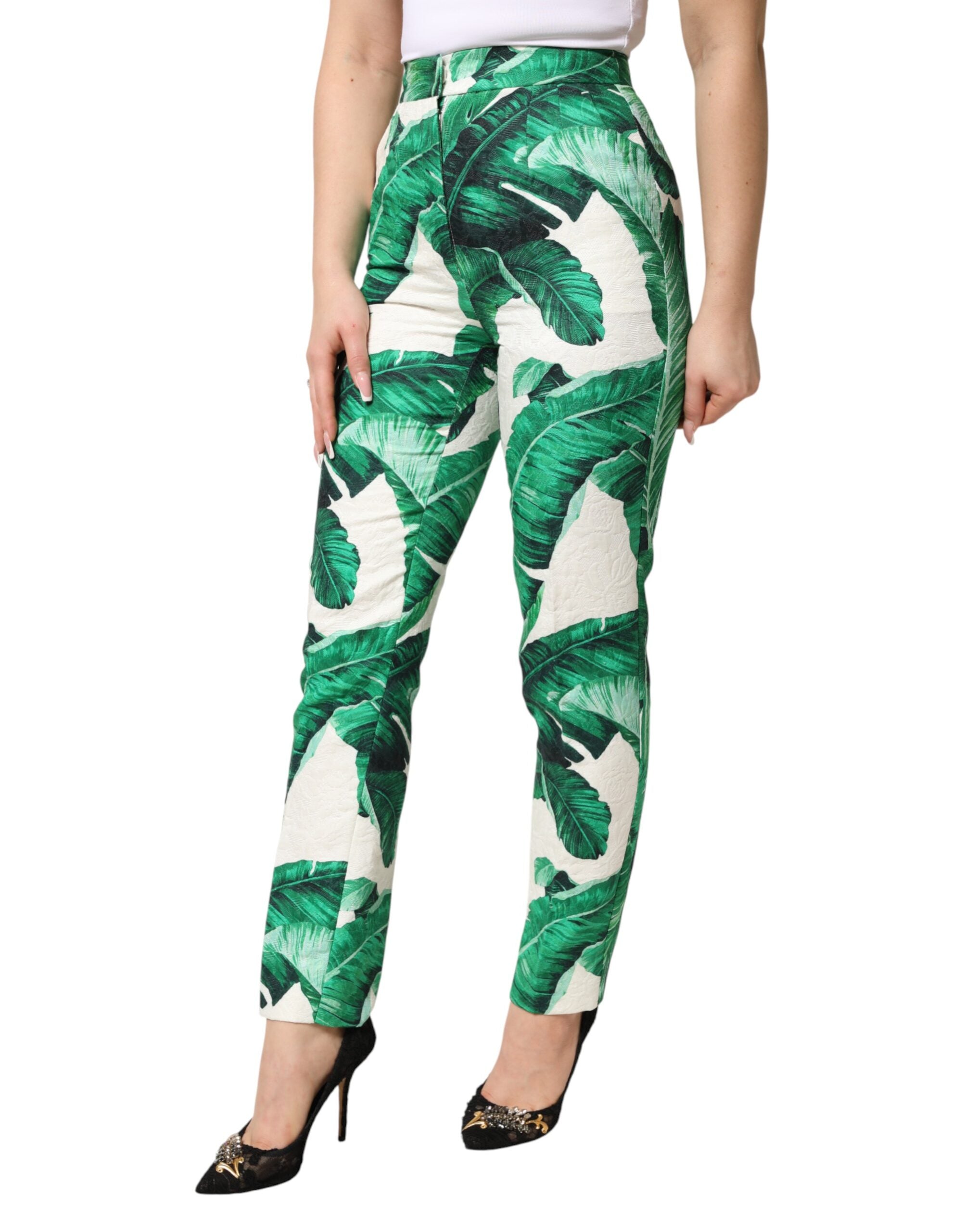 Dolce & Gabbana White High-Waisted Trousers with Green Leaf Pattern