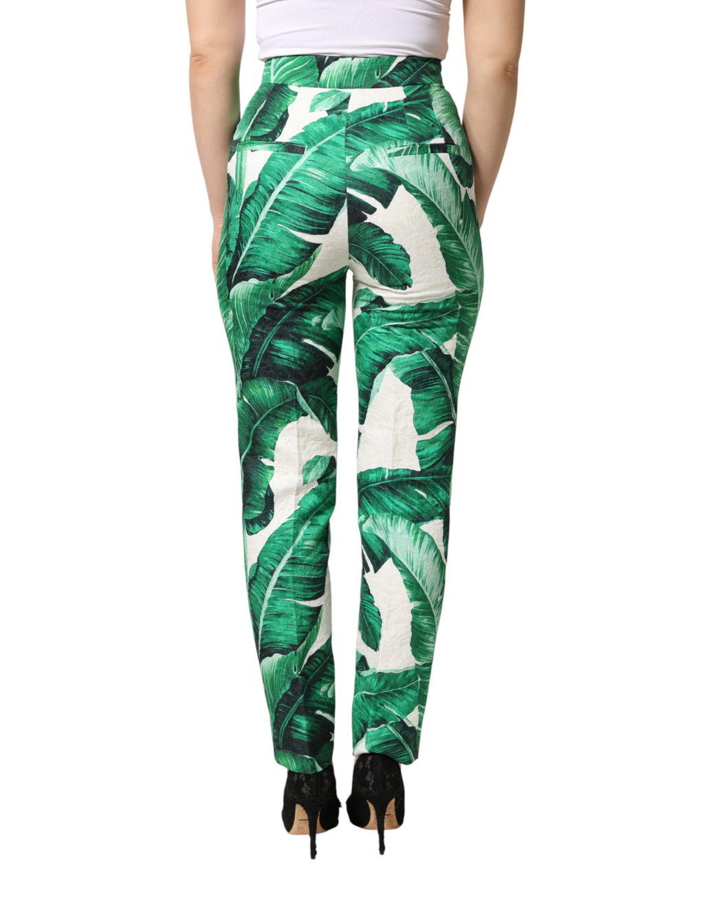 Dolce & Gabbana White High-Waisted Trousers with Green Leaf Pattern