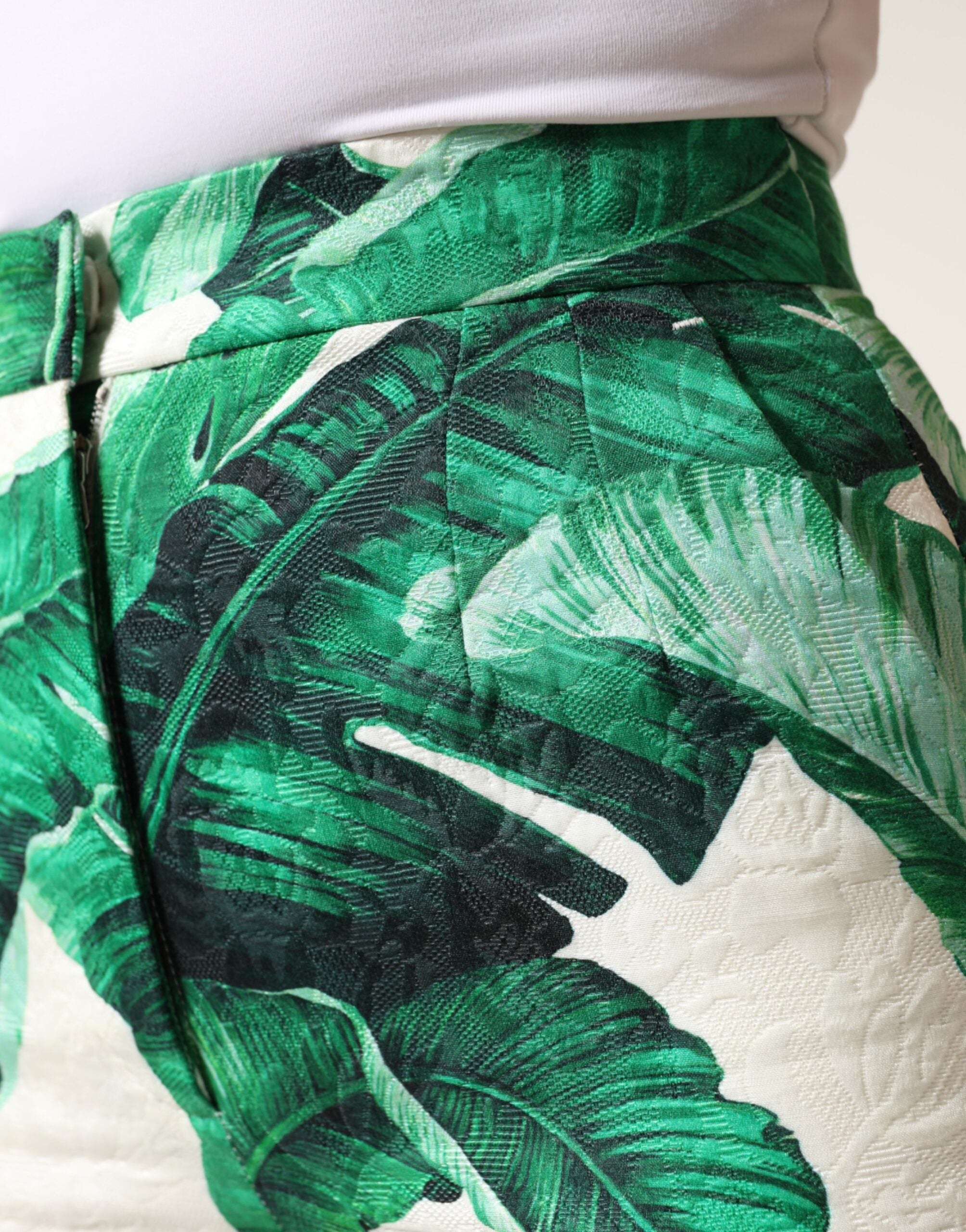 Dolce & Gabbana White High-Waisted Trousers with Green Leaf Pattern