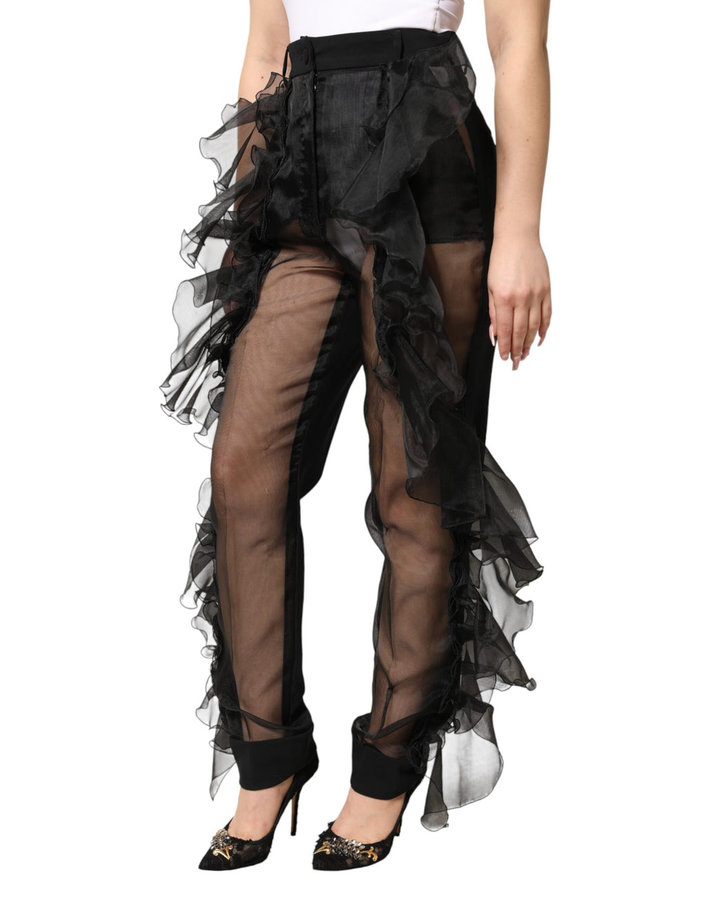 Dolce & Gabbana Schwarze, hochgeschnittene Wollhose mit Tüll