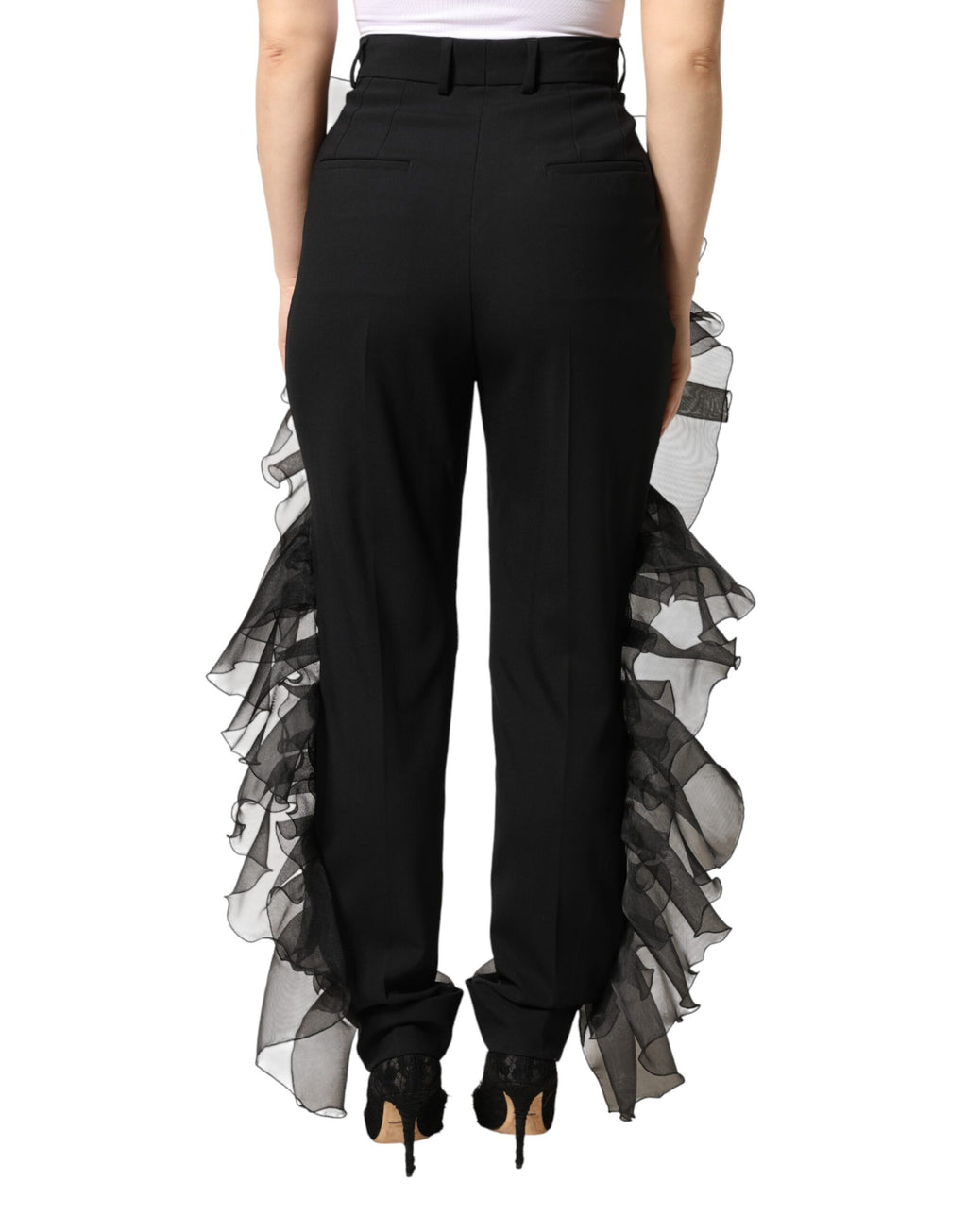 Dolce & Gabbana Schwarze, hochgeschnittene Wollhose mit Tüll