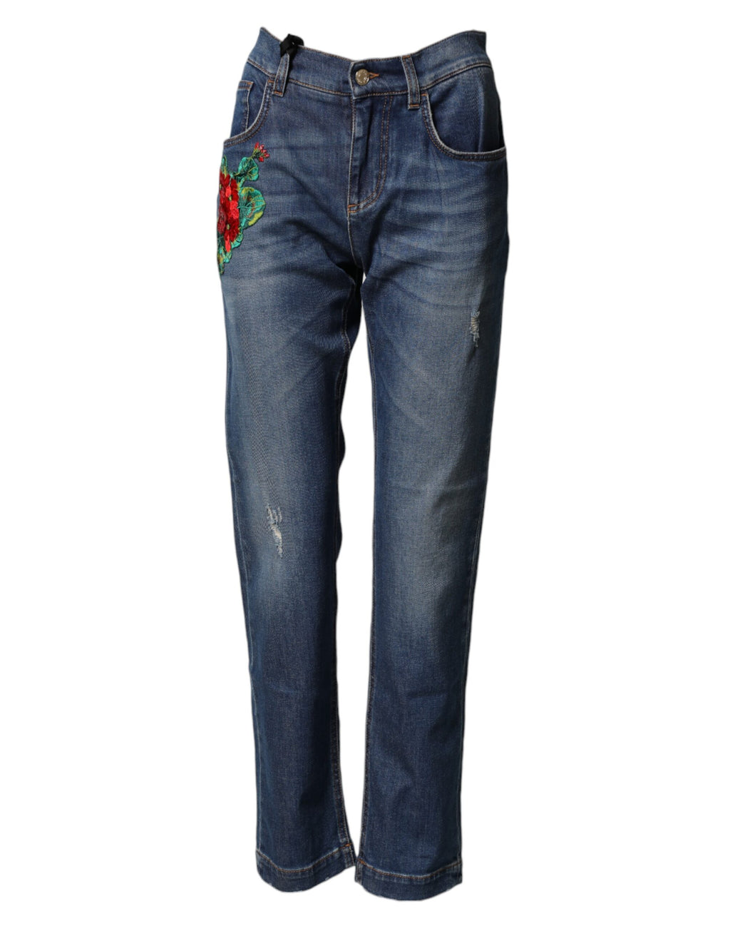 Dolce & Gabbana Blue Floral Embroidered Boyfriend Jeans
