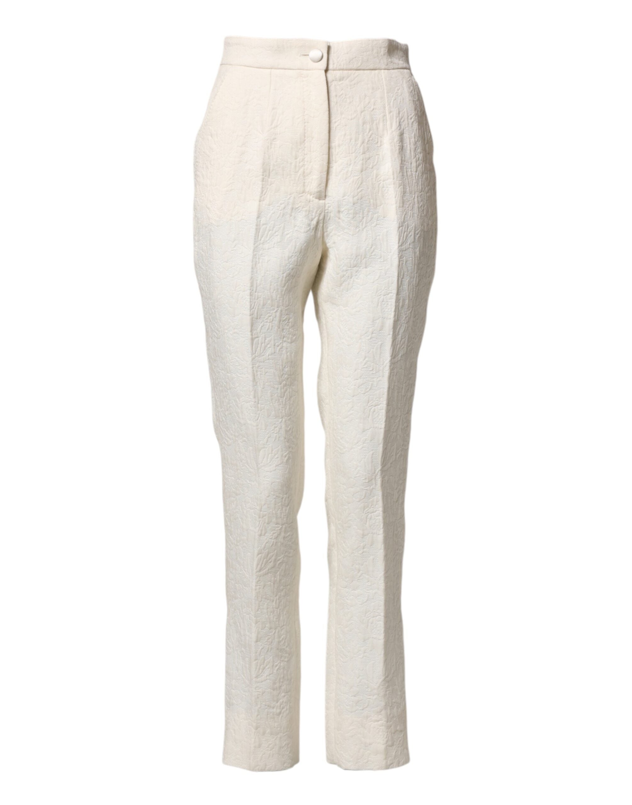 Dolce & Gabbana Weiße Baumwoll-Hose mit floralem Brokatmuster