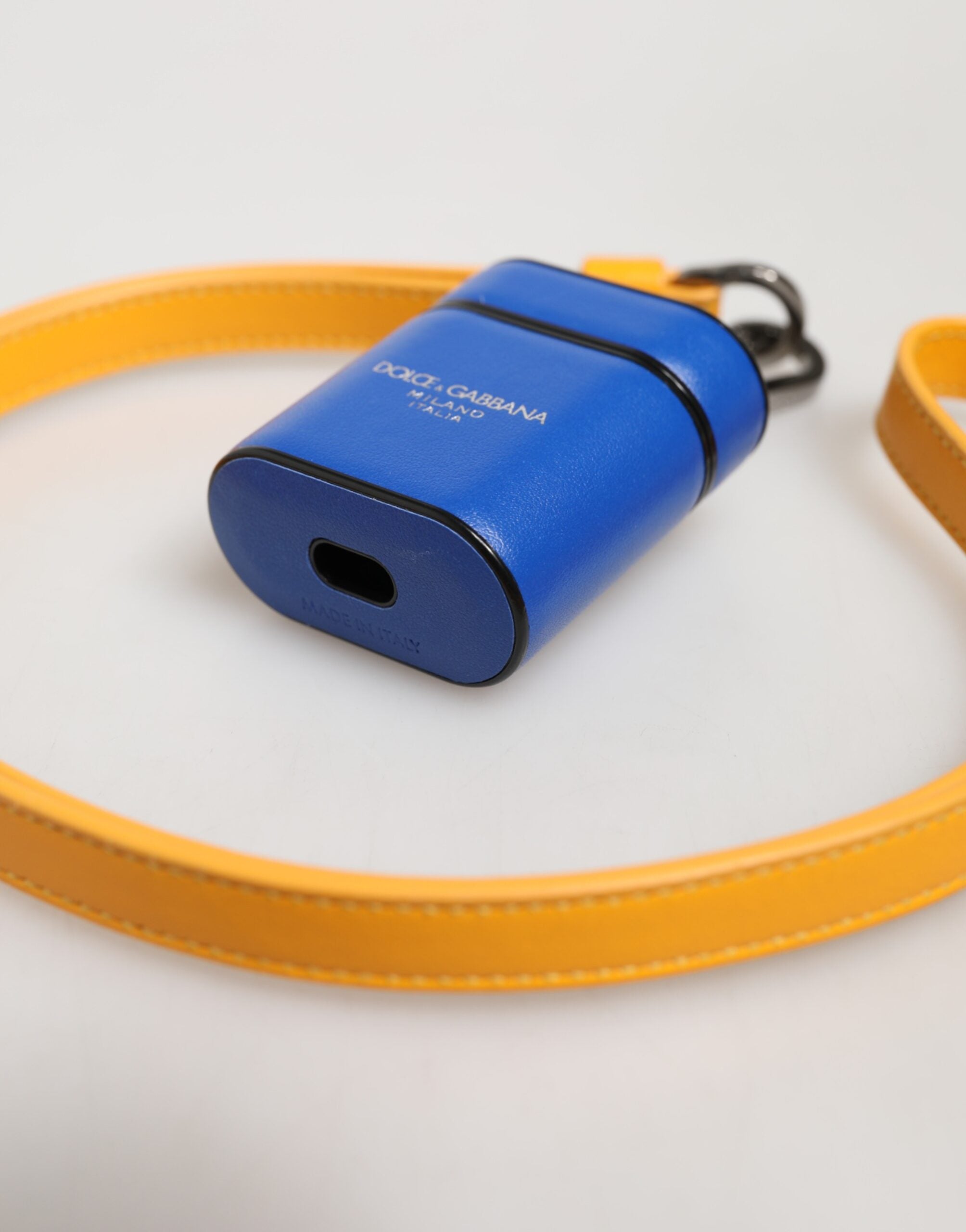 Dolce & Gabbana Men's Blue & Yellow Calfskin Logo Loop for AirPods Case