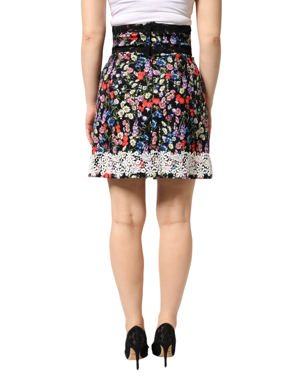 Dolce & Gabbana Black Cotton Mini Skirt with Floral Lace