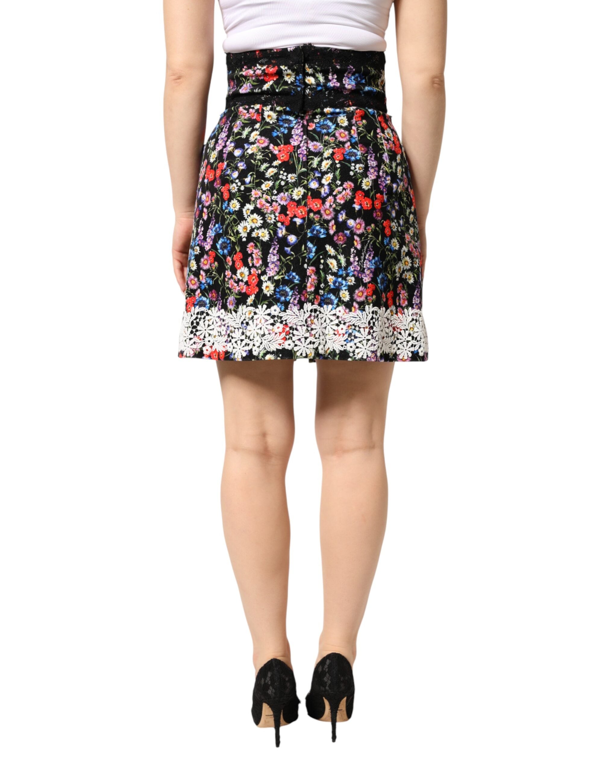 Dolce & Gabbana Black Cotton Mini Skirt with Floral Lace