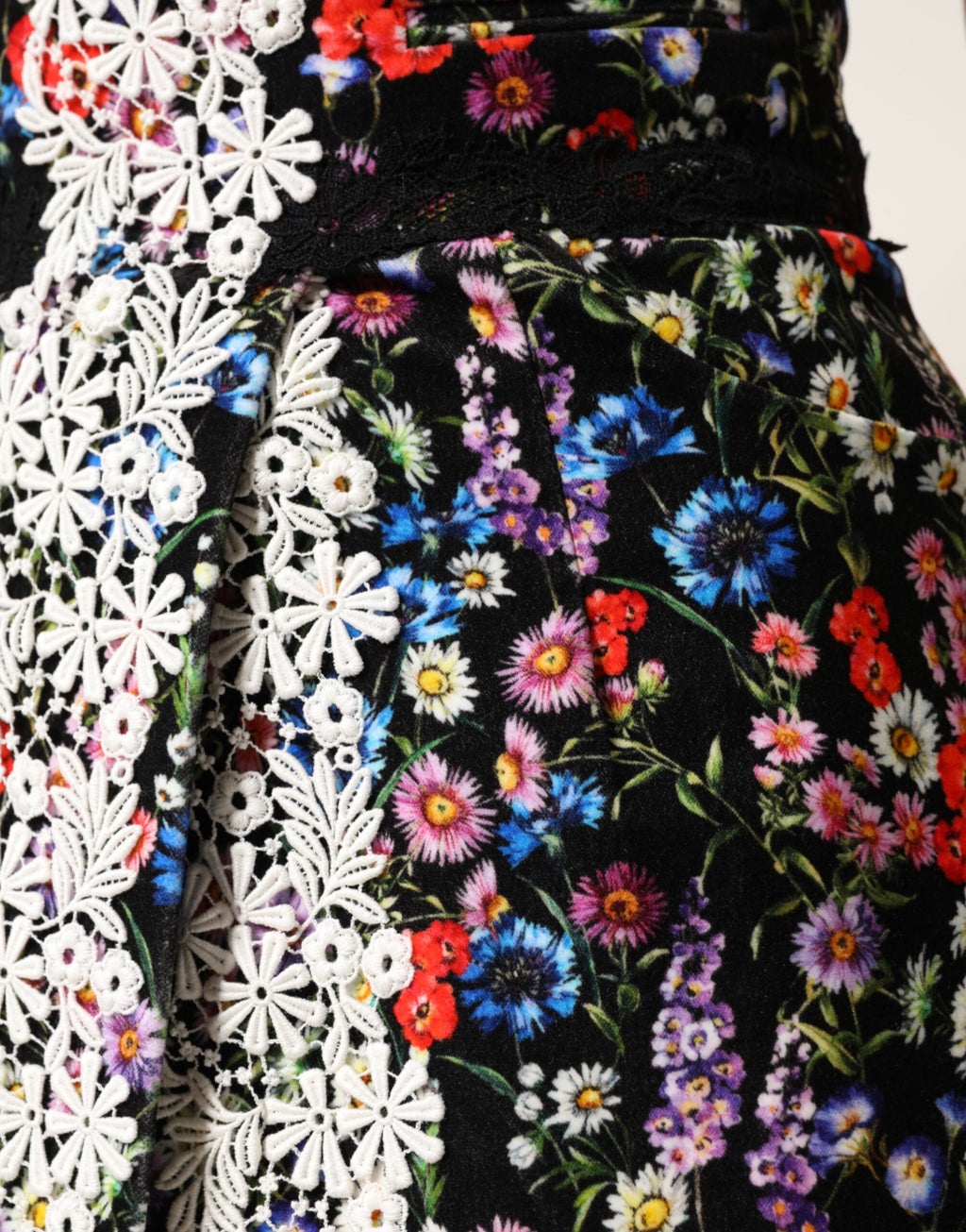 Dolce & Gabbana Black Cotton Mini Skirt with Floral Lace