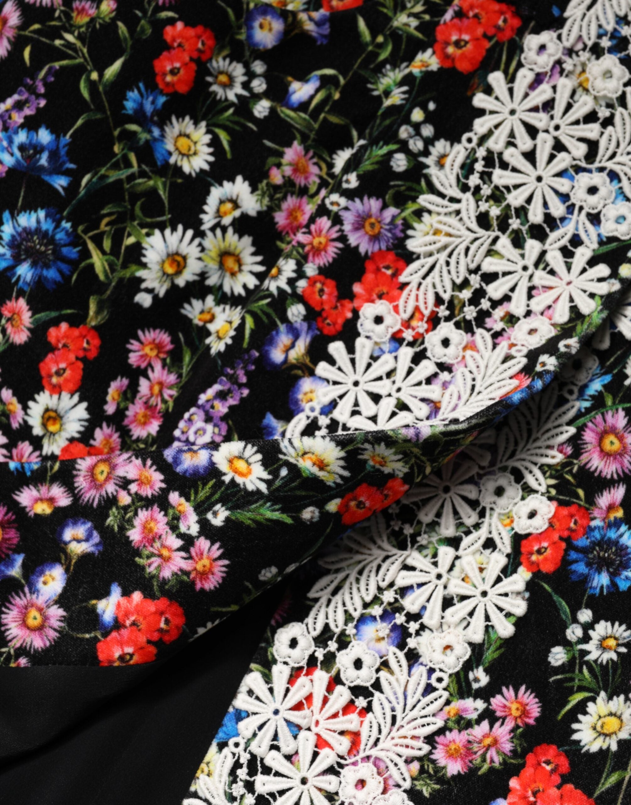 Dolce & Gabbana Black Cotton Mini Skirt with Floral Lace