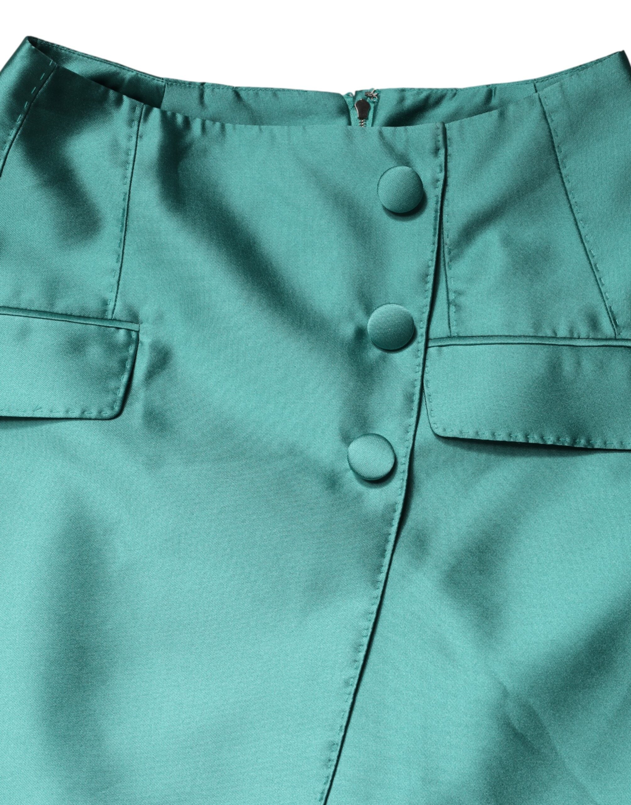 Dolce & Gabbana Grüner Polyester-Minirock mit hohem Bund und Knopf